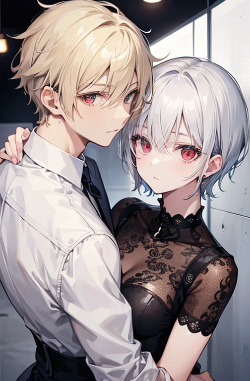 A man with short blonde hair and a man with short silver hair、Red-eyed man、Hanging、Gay Couple
