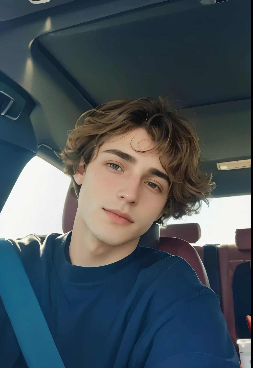 hay un joven sentado en el asiento trasero de un auto, Has short, curly brown hair, headshot Foto de perfil, XQC, Connor Hibbs, Tiro a la cabeza de medio cuerpo, Cara y chico perfectos, rizos en la parte superior de su cabeza, Su cabello es desordenado y salvaje, Foto de perfil, Corte de pelo rizado en la parte media, Timothee Chalamet, Estilo Tyler Jacobson