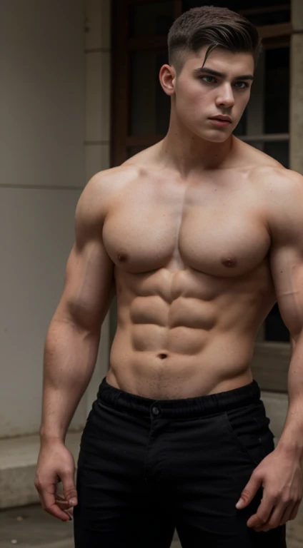 White young man , cazador de monstruos, 18 years old, military haircut, black hair, blue eyes fixed, intense gaze, affiliated features, no facial hair, height 1.93, weight 100 kg, aesthetic muscular build, broad shoulders, V-shaped body, full body focus, completely hairless,