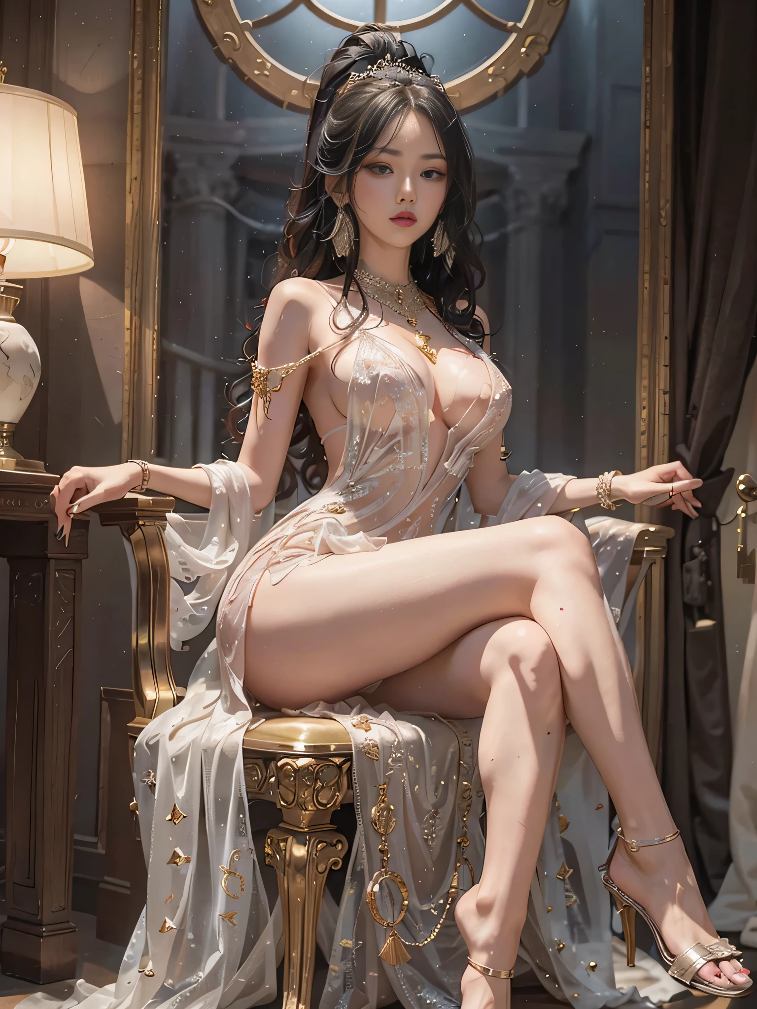 A photorealistic sexy and seductive Chinese woman，30 years old，large heavy breasts, (gloriously beautiful detailed face), Peach blossom eyes，Smoky makeup，Dark eyeshadow，Heavy makeup，white hair，Qi bangs long hair，(detailed face), jewelry，Bracelet，choker necklace，gyuru，(Luxurious gold-toned lace-trimmed high-forked sheer ((see-through almost transparent han dress))，Stiletto pointed toe heelare legs)，Sexual temptation，Teasing expressions，Lift skirt，sitting on a (royal throne)，sexual teasing，Sexual suggestiveness，((Spreading her legs)), A seductive (smile), happy laugh,  luxury，Chinese court，Chinese style，Oriental flair，lamp lights，hyper HD，masterpiece，8K，best quality，accurate，anatomically correct，highly detailed character，Stiletto heelare legs, round and smooth bare legs，（8K，RAW photograph，best quality，masterpiece:1.2),（role）concept-art），full body concept，fine detail，center of screen,  hair ornament, (((See-through dress))), trinkets, NSFW.