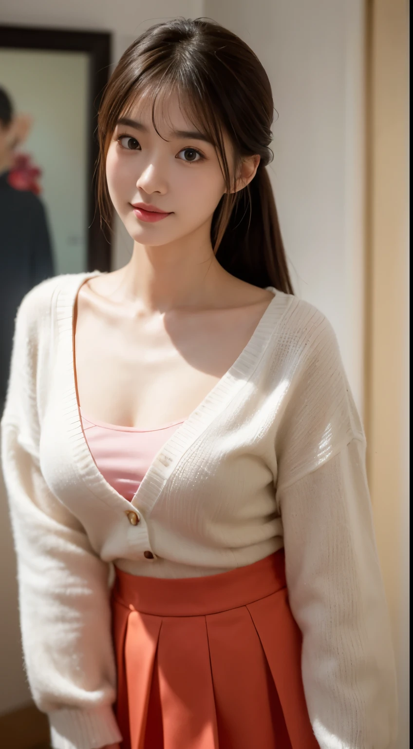 Smile、natta、Raw photography、(((Ultimate Beauty Portrait)))、((glistning skin))、女の子1人、 beautiful girl in Prague、bright expression、((brown haired))、(cleavage of the breast)、(flered skirt:1.5)、((Big eyes that shine like jewels))、open cardigan、Open your clothes、panthyhose、Glossy glossy skin、(Medium Hair)、(Silky Ponytail Hair)、(is standing)、(frombelow)、Under the skirt、(frombelow下着の接写)、eye liner、Beautiful bangs、Hair between the eyes、((masterpiece、最hightquality、ultra-detailliert、Film Light、intricate-detail、hight resolution、ighly detailed))、细致背景、8KUHD、Digital SLR、Soft light、hightquality、Film grain、FujifilmXT3 、Shallow depth of field、natural soft light、Kamimei、Lush bust