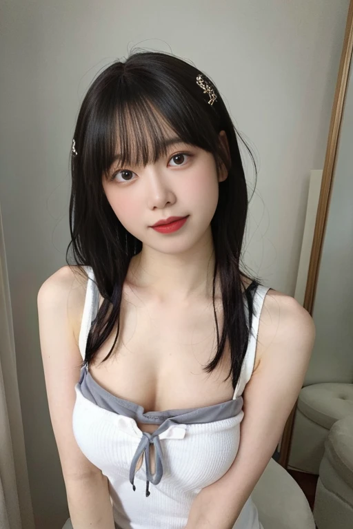 (16 K、Raw photography、top-quality、​masterpiece)、(realisitic、Photorealsitic)、ultra-detailliert、超A high resolution、1、see the beholder、beautifull detailed face、A smile、Constriction、(Slim waist) Beautiful detailed skin、Skin Texture、floated hair、profetional lighting、Big breasts、Depiction of areola and nipple、Depiction of stripes and pubic area、taking shower