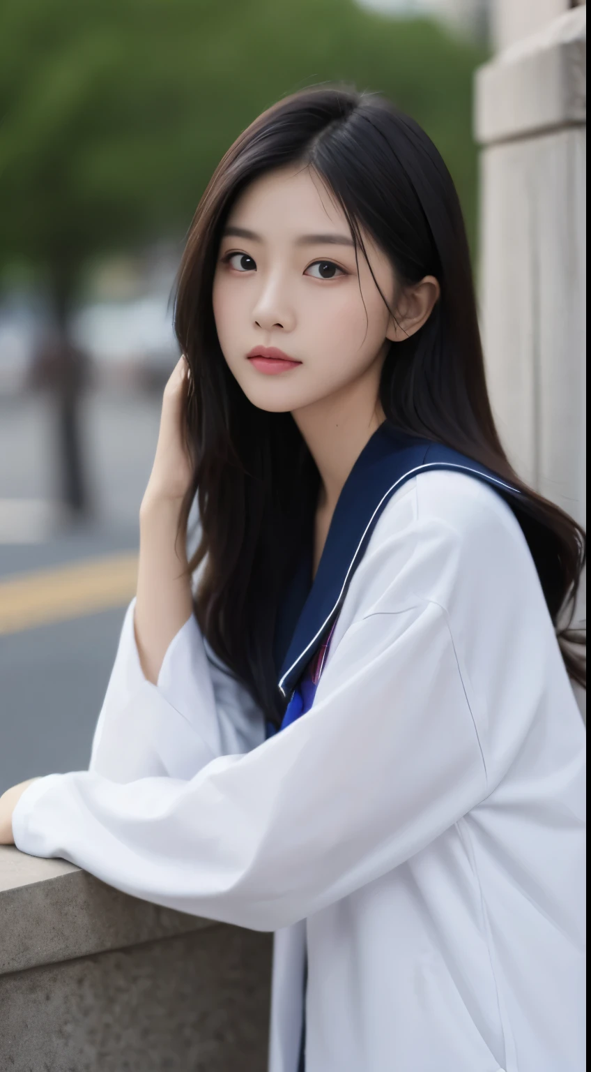 masterpiece,top-quality,Detailed skin,Beautuful Women,Long black hair,Slimed,a sailor suit,schools