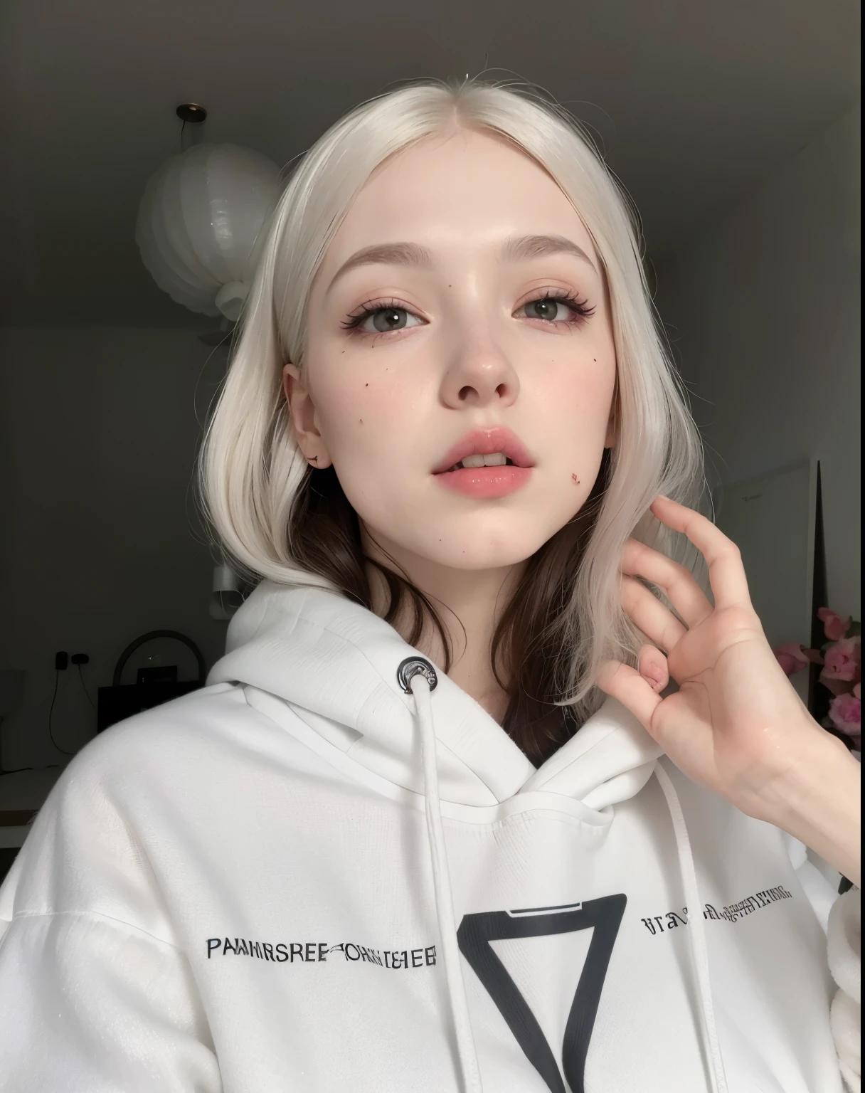 un primer plano de una mujer con una sudadera con capucha blanca y un tatuaje en el brazo, pale porcelain white skin, pale, shiny skin, extremely white pale skin, pale white face, (12x) extremely white pale skin, ivory pale skin, pale - white skin, very white pale skin, white pale skin, Ava Max, Cara de muy alta calidad, pale snow white skin