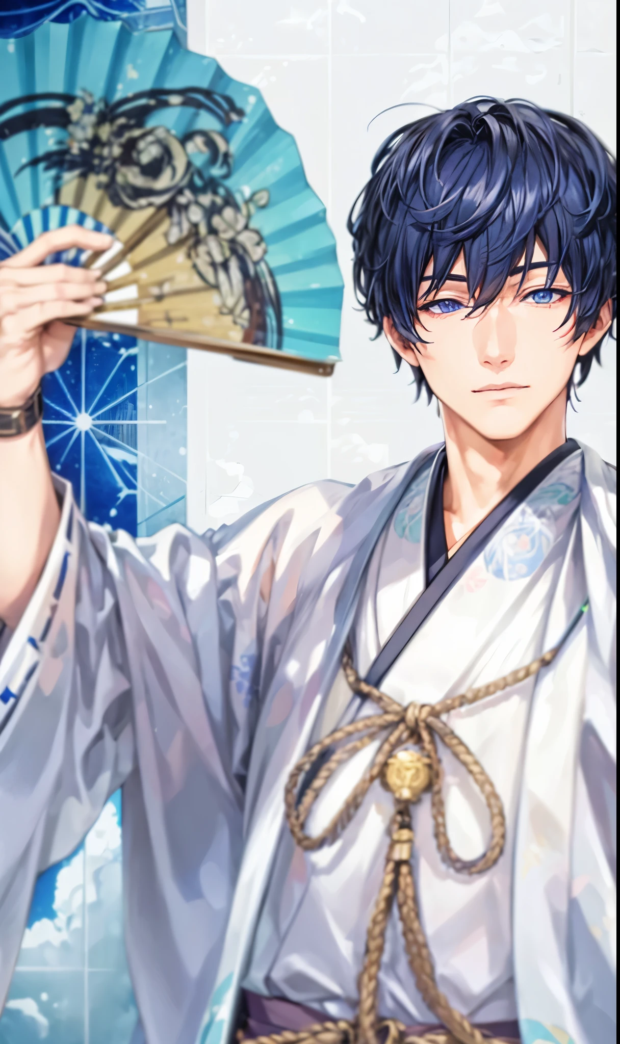 Man in a hakama、handsome anime guy、Cool face、blue eyess、Have a fan、Very detailed CG Unity 8K wallpaper, (Super masterpiece, Beautiful person, well detailed face contaminated.Photorealistic, hyper realisitic),The background is Mt. Fuji、jpn