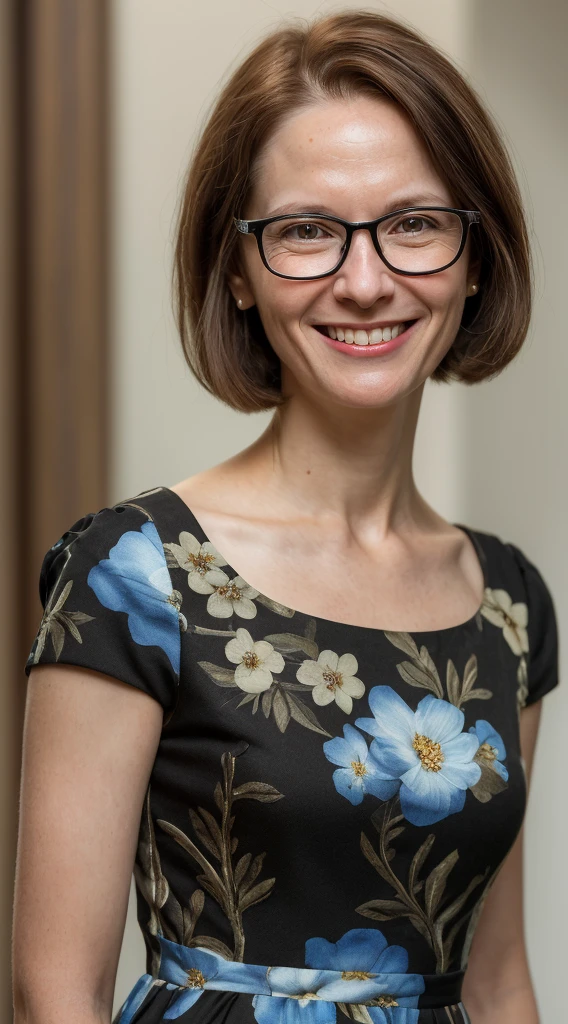 arafed woman with glasses smiling and looking at the camera, short neck length brown hair, wearing a black and blue floral sun dress, petite body, amanda lilleston-jennifer wuestling-geri keary-fiona staples-rachel birkett-sabrina lloyd-katinka reinke-julie dillon-miranda meeks-dawn mcteigue-laura watson merged, entire body visible, full body, hyperrealistic, best quality, 8K, real human skin, masterpiece, extremely intricate, medium closeup, detailed eyes, detailed face, detailed body, exaggerated features, pronounced features