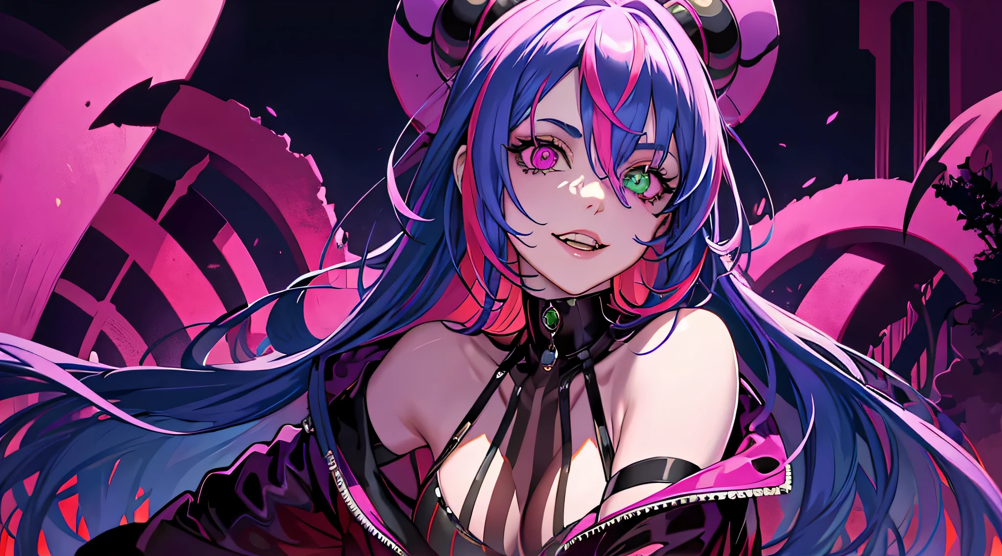 Beetlejuice, official art, 1girl, solo,(demonic, semi realistic, demonic, shiny skin, textured skin),holographic eyes, heterochromia, purple eyes, striped jacket,striped shirt, two tone hair, streaked hair, multicolored hair, red hair, green hair, wild hair, evil scene,teeth, side lighting, ray tracing, depth of field, solo, extreme light and shadow, masterpiece, post apocalyptic, sexy, beautiful , scary, rich in detail,(detailed eyes), (handsome) detailed, (dirt splotches), (horror theme), (beetlejuice), detailed eyes,(straight-on),(masterpiece), (best quality), (ultra-detailed), (best illustration),(best shadow),rim lighting, beetlejuice, ((Beetlejuice)), crazy grin, crazy expression,