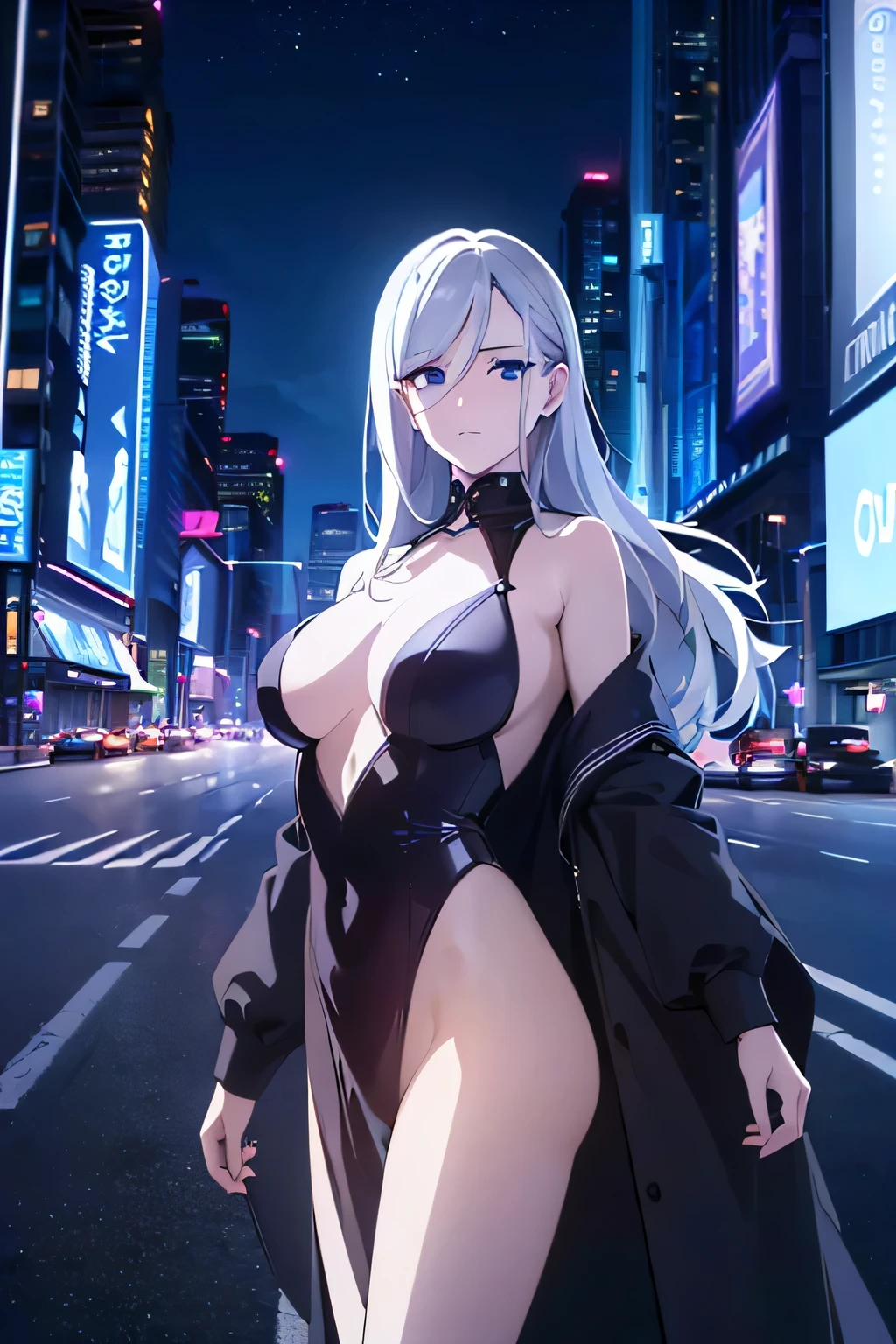 (Best Quality,4k,8K,hight resolution,Masterpiece:1.2),Ultra-detailed,(Realistic,photoRealistic,photo-Realistic:1.37), 独奏, Silver hair, violet eyes, Cowboy shot, expressionless, billboards, neon lights, urban landscape, nighttime, Starry sky, the anime, white wings, succubus.