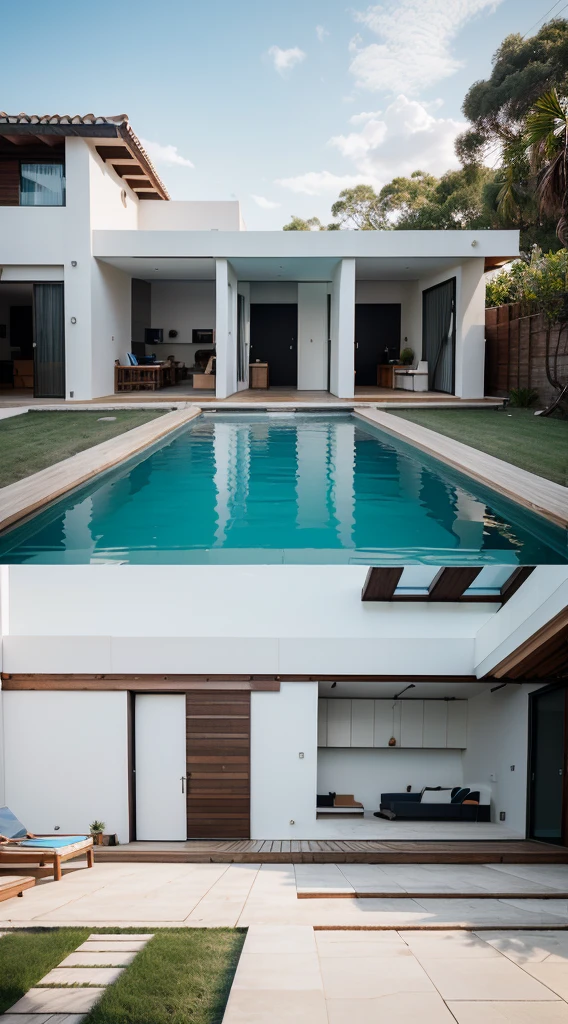 Casa moderna blanca con acentos en negro y madera, with a garden with swimming pool, en una playa de agua cristalina con arena blanca,realismo, 8K