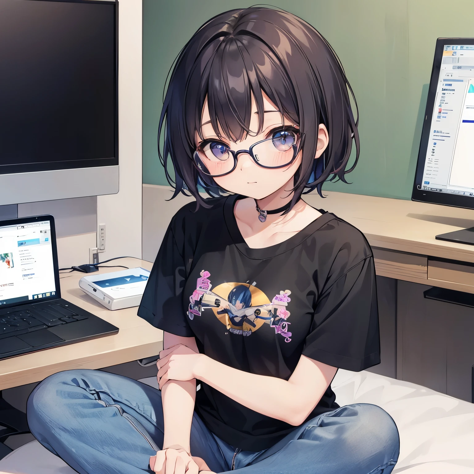 create an anime girl characters name Hikari Tanaka, This teenage girl has a well-proportioned height and physique. Her hair is short dark blue and bobbed. Her eyes are yellow and her facial expression is happy. She is wearing comfortable casual clothes, including a T-shirt, jeans, and sneakers. She also wears glasses. She is sitting at a computer in her  studio, live streaming. She is either playing games or sharing tips and tricks with viewers. close up