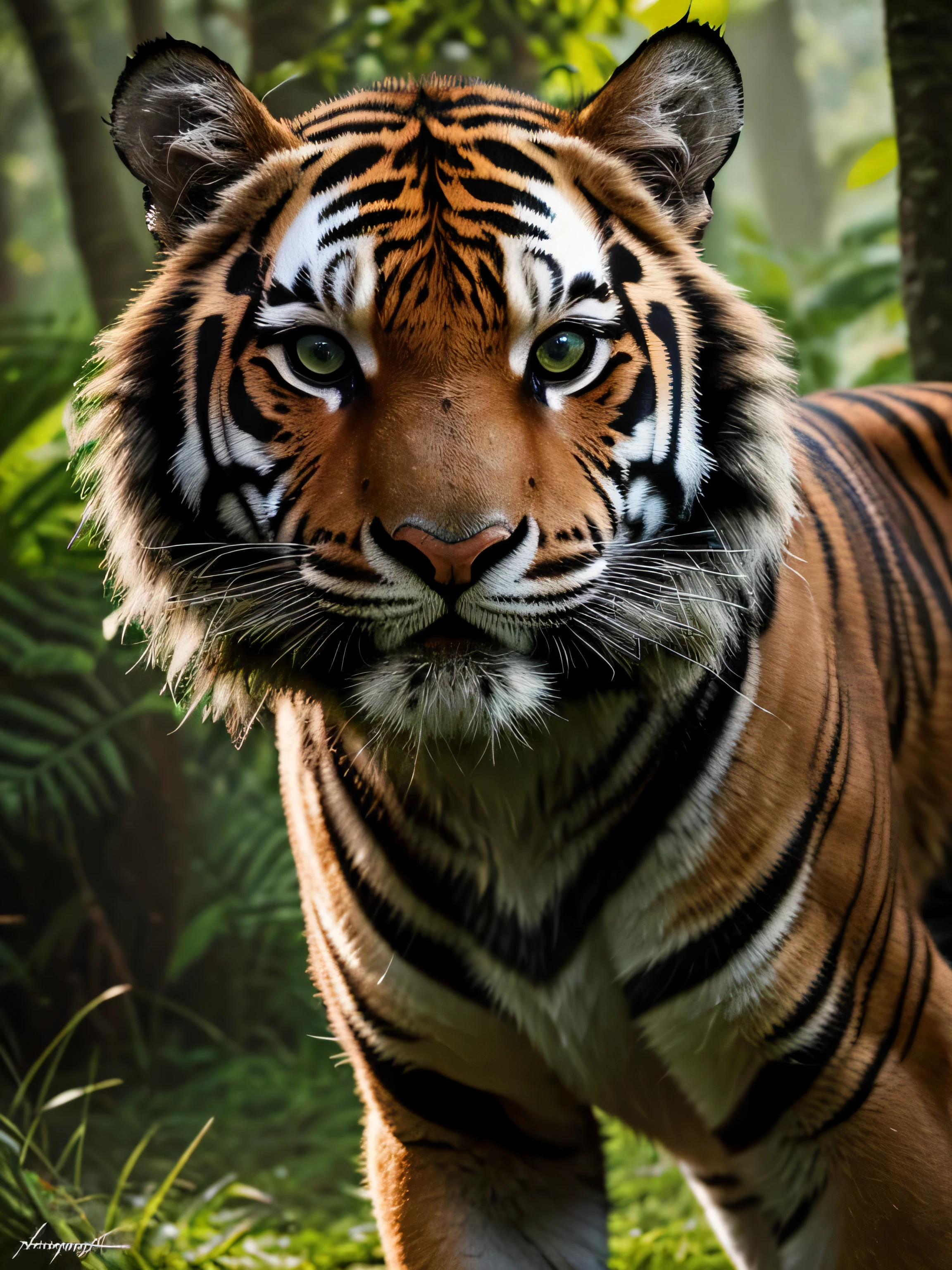 (best quality,4k,8k,Altas,master part:1.2),ultra-detalhado,(Realistic,photoRealistic,photo-Realistic:1.37),tigre com a boca aberta, fierce expression, listras laranja e pretas vibrantes, olhos penetrantes, powerful muscles, Postura majestosa, Fundo verde exuberante da selva, sunlight filtering through the trees, intense illumination, dramatic shadow, Realistic fur texture, Rugindo, olhar cativante, atmosfera intensa, Bigodes detalhados, dynamic compositing, dynamic brushstrokes, fotografia de vida selvagem, breathtaking scene, energetic movement, alto contraste, dramatic colors