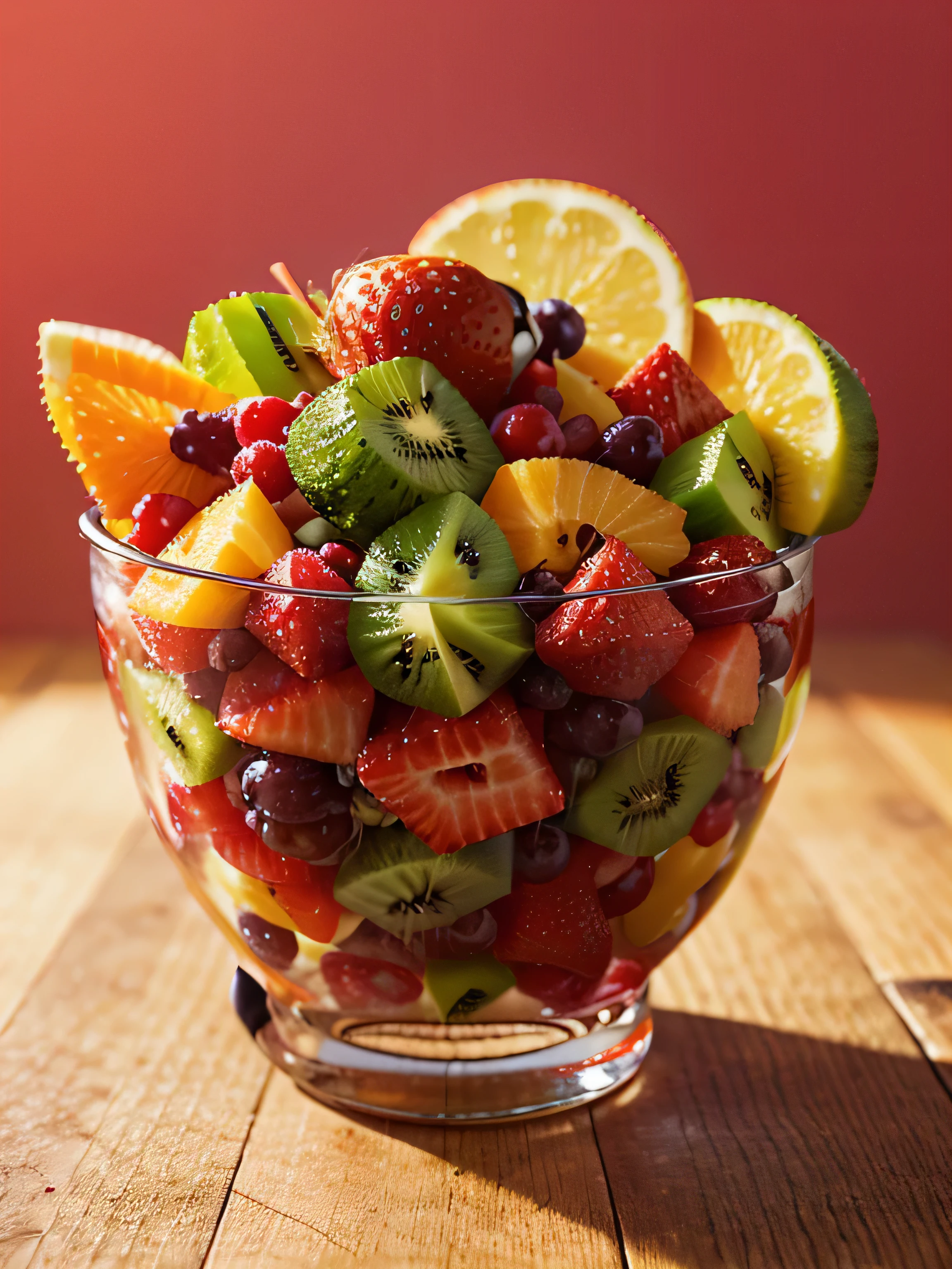 Uma vibrante salada de frutas com kiwi, morango, laranja, e uva: illustration, alta resolução, ultra-detalhado, vivid colors, Bokeh, photorealistic lighting, frutas suculentas, Refreshing summer colors.