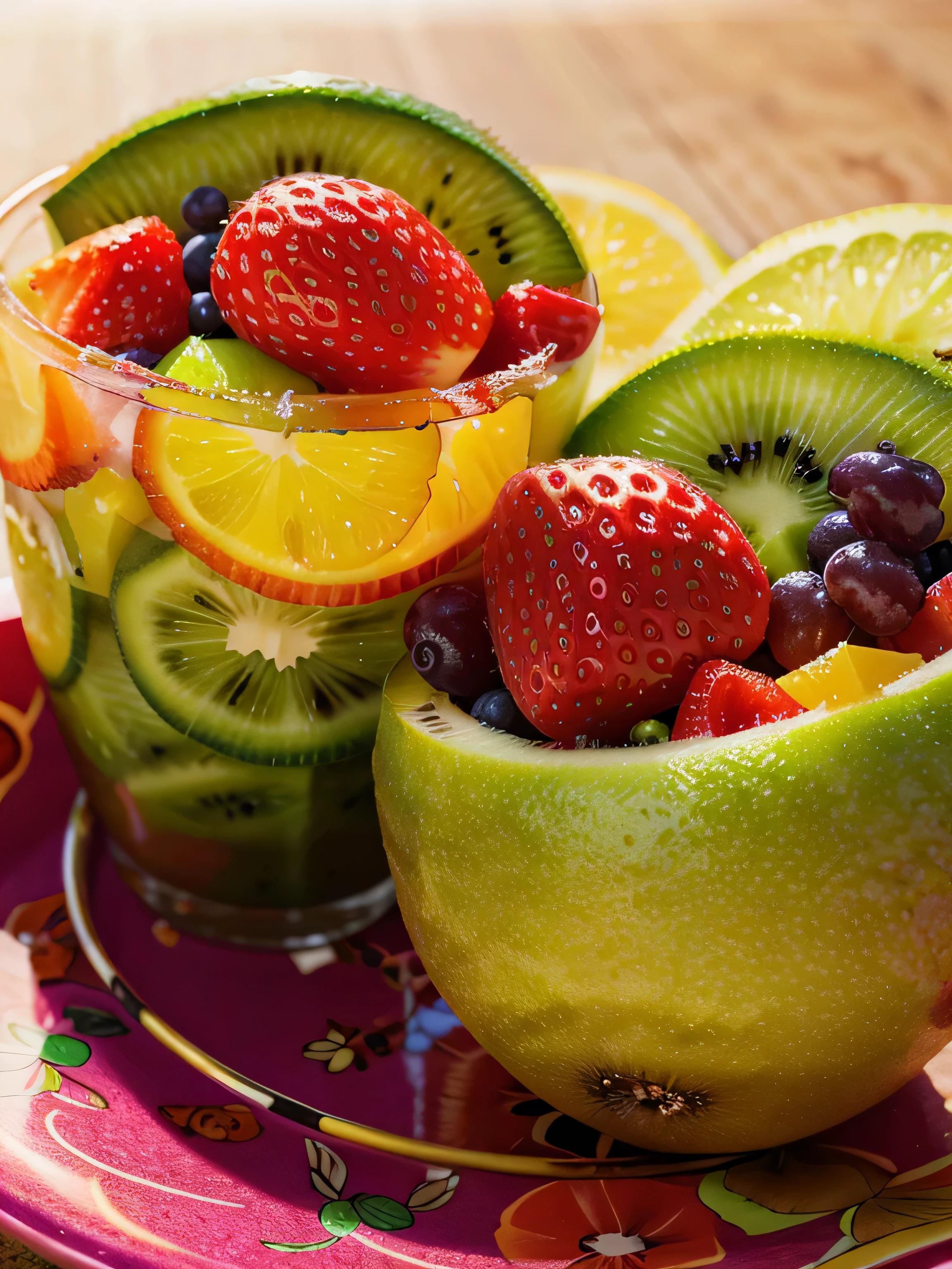 Uma vibrante salada de frutas com kiwi, morango, laranja, e uva: illustration, alta resolução, ultra-detalhado, vivid colors, Bokeh, photorealistic lighting, frutas suculentas, Refreshing summer colors.