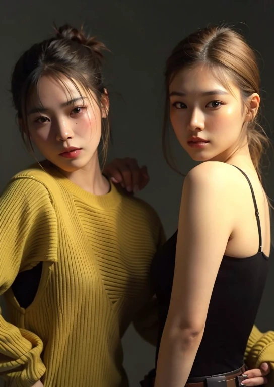 two Asian women in yellow sweaters posing for a photo, Modelo de moda feminina coreana, Photo Session, inspirado em Wang Duo, dois modelos no quadro, & Jeehyung Lee & WLOP, glossy magazine Photo Session, Choi, Seseon Yoon, Jaeyeon Nam, Jiyun Chae, Sakimichan, TaeJune Kim, nixeu and Sakimichan