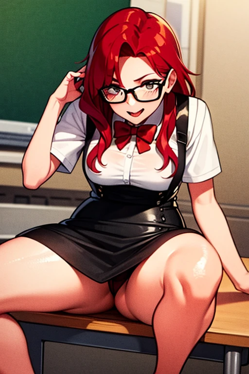 Teacher Desk Long leather skirt Red hair Sexy Suck cock