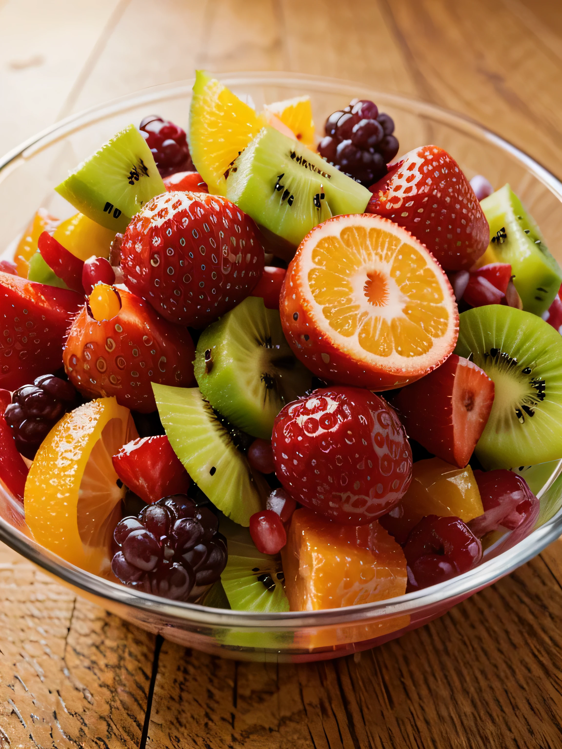 Uma vibrante salada de frutas com kiwi, morango, laranja, e uva: illustration, alta resolução, ultra-detalhado, vivid colors, Bokeh, photorealistic lighting, frutas suculentas, Refreshing summer colors.