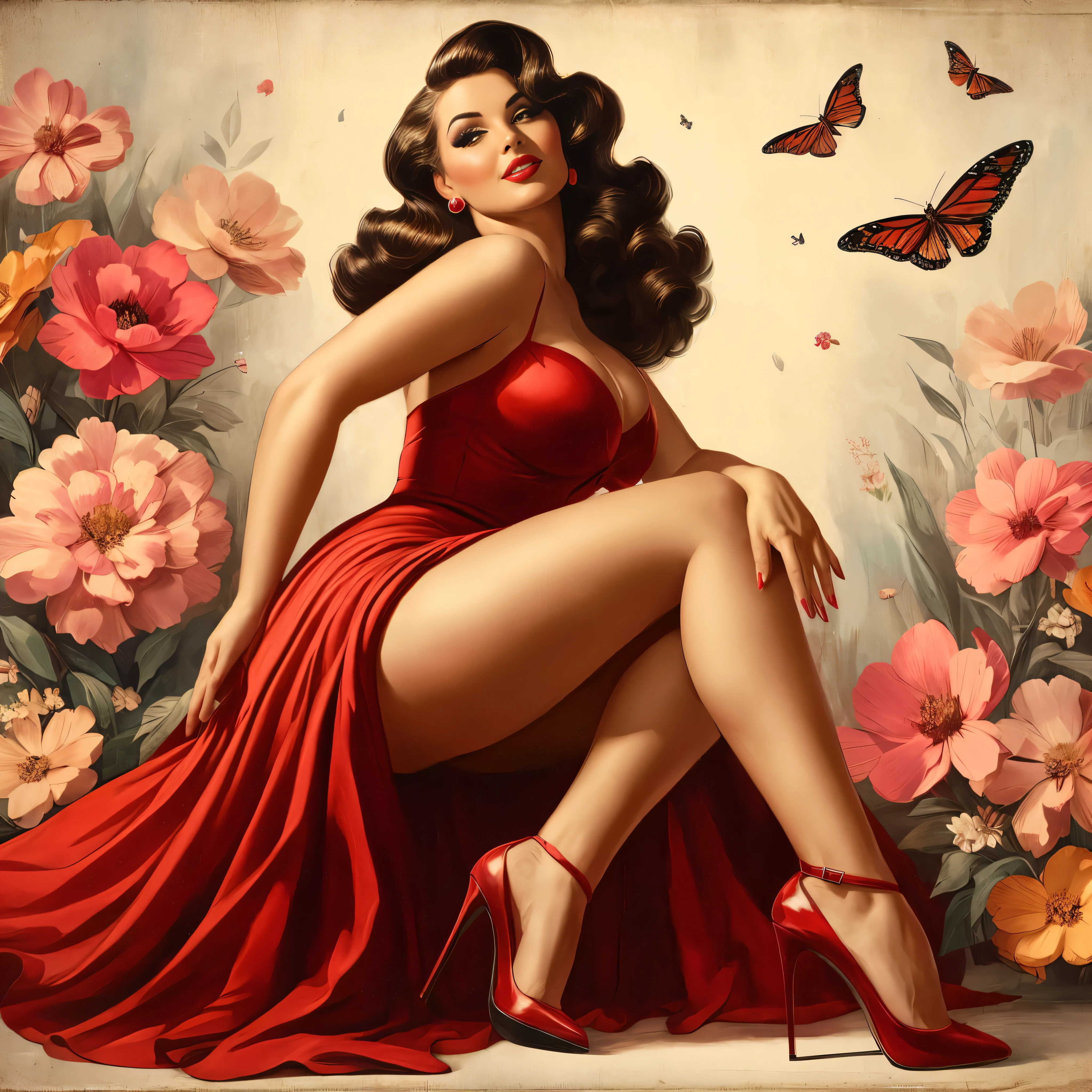arafed woman in a red dress sitting on a flowered wall, pinup art, beautiful retro art, pin-up poster girl, pin up girl, pin up, pinup girl, pinup, pinup pose, pin-up, pin - up, vintage pin up, pin - up girl, girl pinup, pin up style poster, pinup style, pinup model, curvy, massive breasts, huge breasts, plump, giant breasts