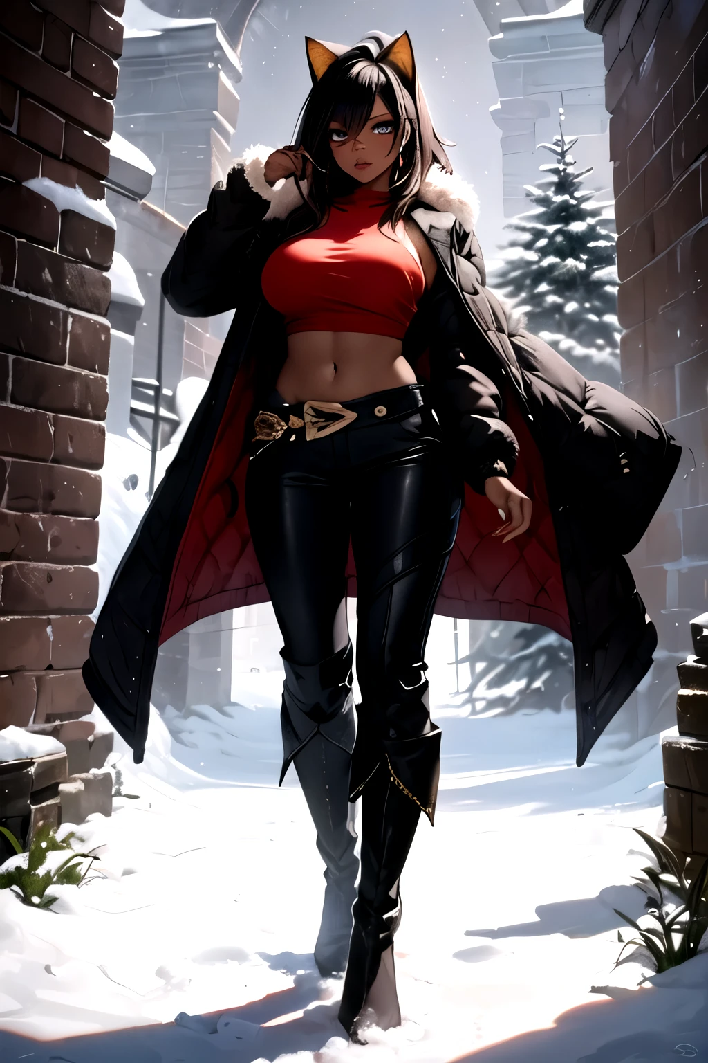 masterpiece,best quality,studio lighting,dehya, dark skin,seductive pose, glowing eyes, perfect face, (perfect hands), detailed lips, detailed nose, detailed eyes, (huge breasts), cowboy shot,(((dark skin))),cat ears,winter clothes, long red winter coat,pants,long boots, snowy scenery