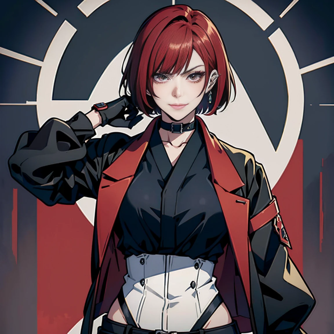 in the art style of persona5 and in the art style of street of rage 4, delinquent, (sukeban), mature_female, blush, mature, older woman, 25 years old, Sukeban teacher outfit, (1girl, solo female, solo, solo focus)++++, choker, sukeban teacher, sukeban fighter, long_sleeves, open jacket, blue jacket,( jean)+++, light skin tone female, (full body)+++++, jacket, biker jacket, tape, arm_support, gloves, red_gloves, bridal gauntlets, nail polish, boots, black_footwear, fighter outfit, full body, hourglass, mature face, cheeky smile, cheeky face, wrinkles, (red hair, short hair, bob cut, earrings, ear piercings), red eyeighting art, Martial arts, standing, fighting_stance, fight, fighting), extra colors, 2D, megapixel, perfectionism, accent lighting, full HD , (Masterpiece:1.2), (full-body-shot:1),(cowboy shot:1.2), (Highly detailed:1.2),(anime Detailed Face:1.2), Colorful, A detailed eye, (Detailed landscape:1.2), (natural lighting:1.2), ((sukeban school teacher)) by Vincent Di Fate: Aidyllery, Anamorphic Shot, rule of thirds, face by Artgerm and WLOP,