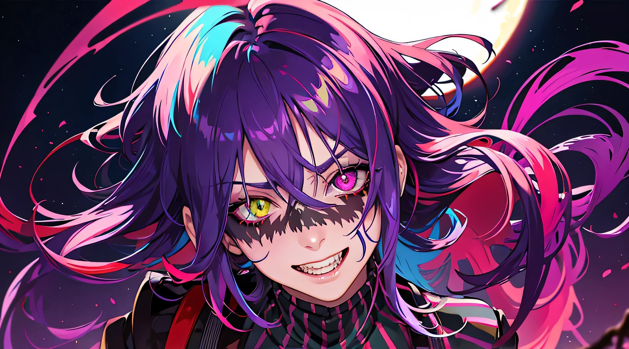 Beetlejuice, official art, 1girl, solo,(demonic, semi realistic, demonic, shiny skin, textured skin),holographic eyes, heterochromia, purple eyes, striped jacket,striped shirt, two tone hair, streaked hair, multicolored hair, red hair, green hair, wild hair, evil scene,teeth, side lighting, ray tracing, depth of field, solo, extreme light and shadow, masterpiece, post apocalyptic, sexy, beautiful , scary, rich in detail,(detailed eyes), (handsome) detailed, (dirt splotches), (horror theme), (beetlejuice), detailed eyes,(straight-on),(masterpiece), (best quality), (ultra-detailed), (best illustration),(best shadow),rim lighting, beetlejuice, ((Beetlejuice)), crazy grin, crazy expression,