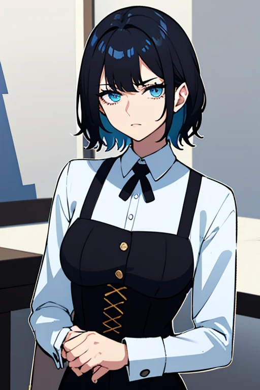 woman, short chopped black hair, cyan eyes, irises in shape of star, white shirt, black corset, black pants