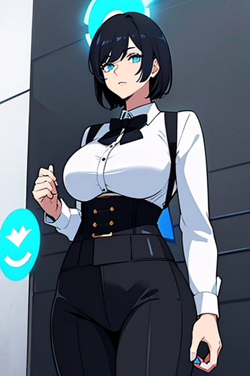 woman, short chopped black hair, cyan eyes, irises in shape of star, white shirt, black corset, black pants