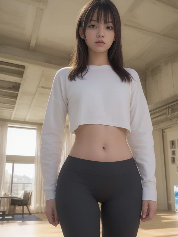 (((ultra realistic, ultra detailed, The best quality, 8k, HDR, woman, small, flat))), ((leggings)), don't bra