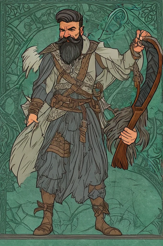 skin needs tio be pale blue. make it look more like a giant. hair beard and moustache more untamed and white and grey. redo bow, give it rune carvings.