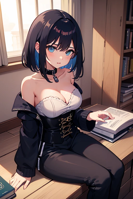 woman, short chopped black hair, cyan eyes, irises in shape of star, white shirt, black corset, black pants
