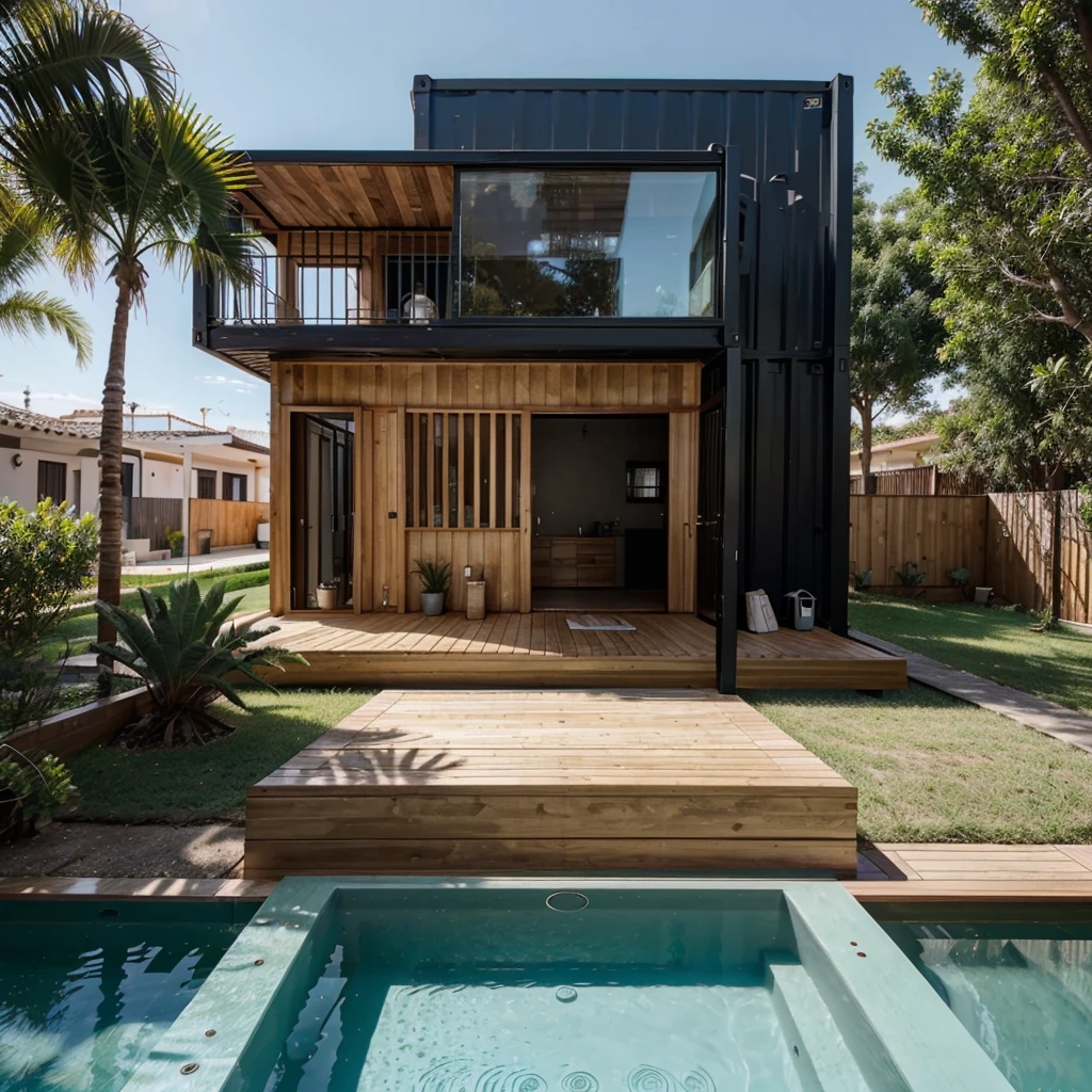 Casa moderna tipo container de color negro con detalles en madera, con piscina, realismo, 8K