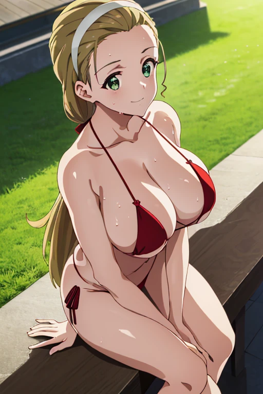 (​masterpiece, top-quality, detaile, hight resolution, extremely delicate and beautiful, anime screen cap, anime colours, 8k), akebi sasaki, hairband, long hair, 1girl, dark green eyes, smile, blush, (red Micro Bikini:1.3), (huge drooping breasts:1.5), (Leaning forward:1.8, front view:1.5), (cleavage:1.5, Upper body:1.8, breast focus:1.5, arms down), (perfect detailed anatomy, Beauty details of breasts and eyes, Shiny skin), thick outline, pool, Sweat