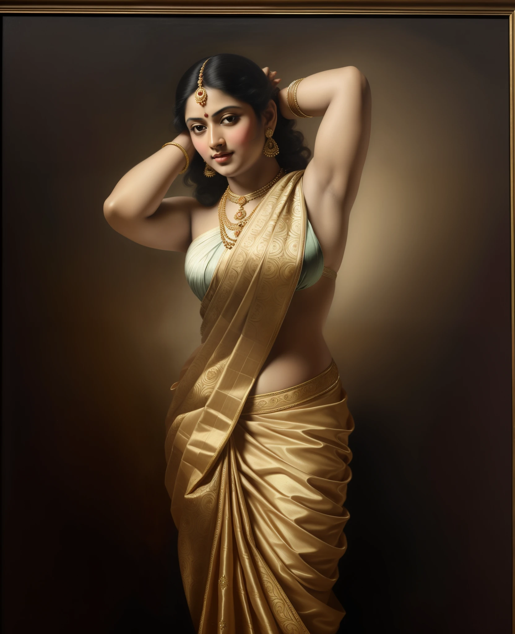 Beautiful Indian Woman, wearing saree, sari Beauty, gorgeous, Apsara, Maharani, royal queen woman, nymph from Hindu Mythology, pierced eyes, Urvashi, matchless beauty, Highly detailed, Oil Painting by Peter Paul Rubens inspired by Raja Ravi Varma, Matchless beauty, captivating, gorgeous, heavenly beauty, celestial beauty, by Peter Paul Rubens, 1893, realistic, hyper realistic, micro details, incredible artwork, insane details, ultra High resolution, 8k, 32k, acrylic on canvas, intricate, flawless, detailed, detailed face, detailed eyes, masterpiece, by Peter Paul Rubens, by Caravaggio, by William Adolphe bouguereau, perfect face, perfect body, beautiful art, realism, baroque, renaissance Art, highly textured, beautiful eyes, uhd, best quality,