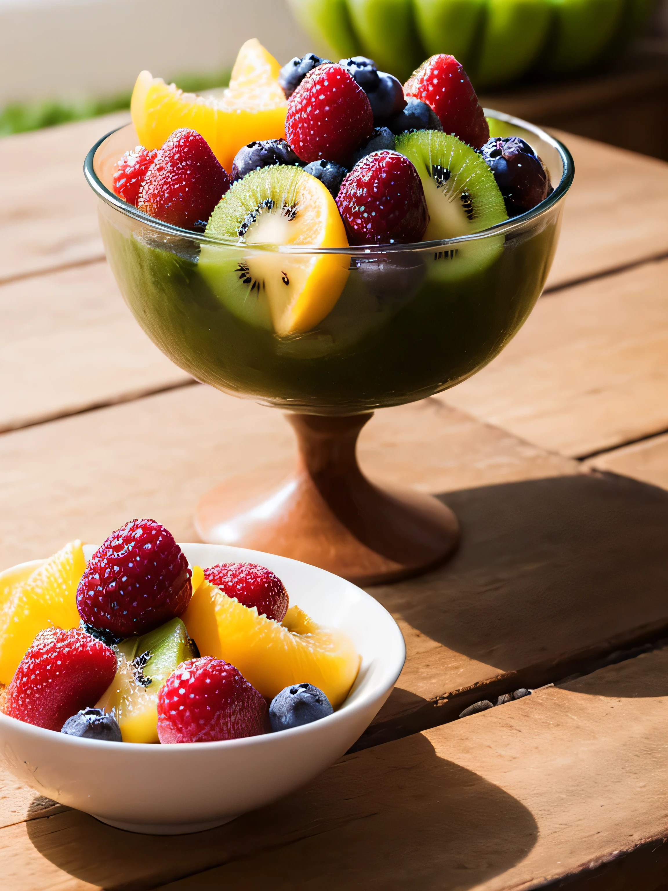 Uma vibrante salada de frutas recheada com suculento kiwi, morangos doces, laranjas picantes, e uvas gordas. As frutas brilham sob a luz do sol, exibindo suas cores vibrantes e frescor sedutor. Kiwi slices are perfectly green with small black seeds, while strawberries are bright red and dotted with tiny seeds. Oranges have a vibrant orange hue, its juicy slices full of citrus flavor. The grapes are plump and delicious, variando em cor do roxo profundo ao verde exuberante. This fruit salad is a masterpiece of nature&#39;s bounty, with each fruit adding its unique flavor and texture to the delicious mix. The fruits are arranged in a crystal clear glass bowl, adding a touch of elegance to the scene. The bowl is placed on a wooden table, complementing the natural, fresh aesthetic of the fruit salad. The lighting is soft and warm, casting a soft glow over the fruits and emphasizing their vibrant colors. The overall image quality is of the highest standard, com texturas ultra-detalhadas e cores vivas. A obra de arte tem um estilo realista e fotorrealista, capturing the beauty of fruits in remarkable detail. The color palette is a harmonious mix of vibrant tones, creating an inviting and appetizing composition.