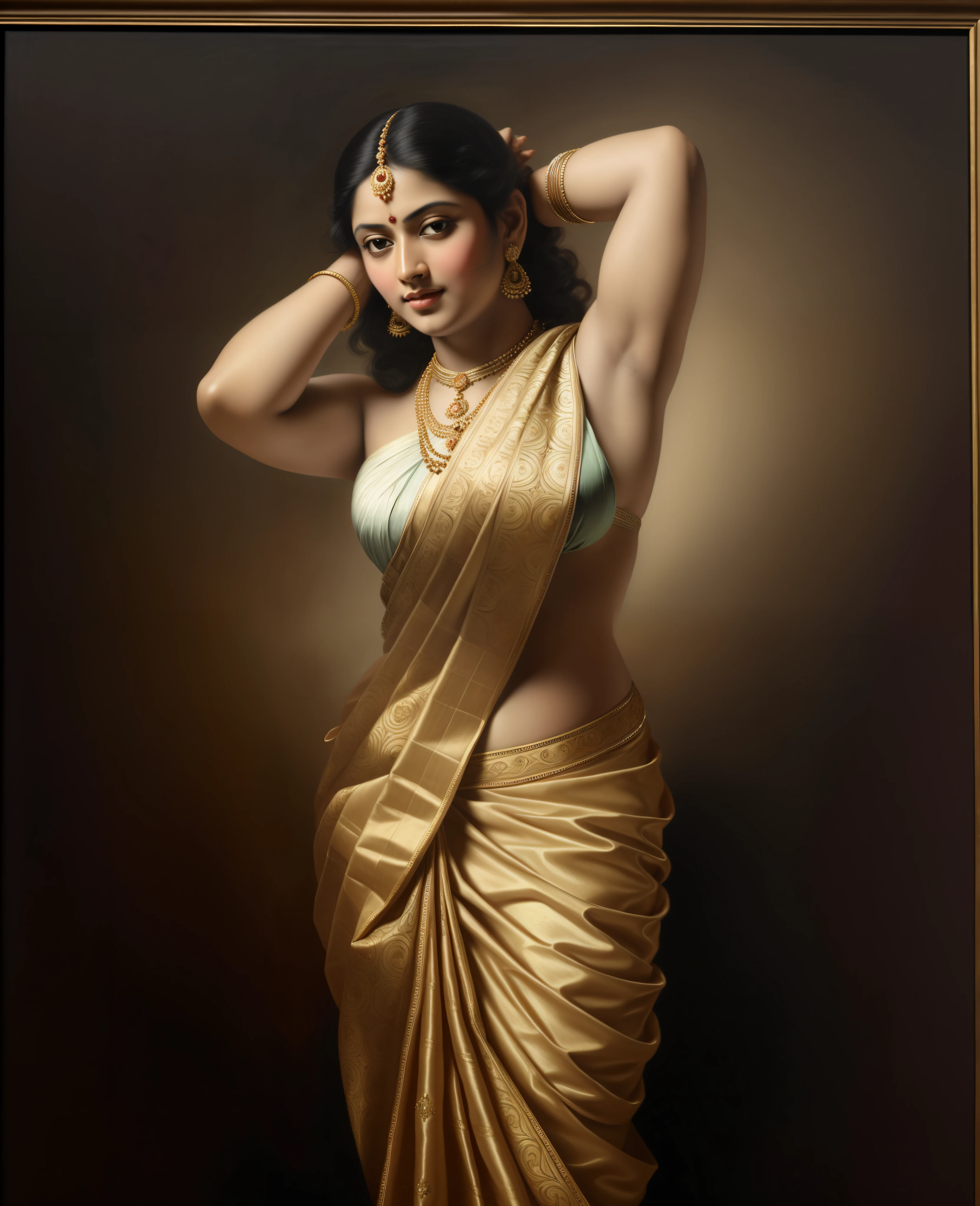 Beautiful Indian Woman, wearing saree, sari Beauty, gorgeous, Apsara, Maharani, royal queen woman, nymph from Hindu Mythology, pierced eyes, Urvashi, matchless beauty, Highly detailed, Oil Painting by Peter Paul Rubens inspired by Raja Ravi Varma, Matchless beauty, captivating, gorgeous, heavenly beauty, celestial beauty, by Peter Paul Rubens, 1893, realistic, hyper realistic, micro details, incredible artwork, insane details, ultra High resolution, 8k, 32k, acrylic on canvas, intricate, flawless, detailed, detailed face, detailed eyes, masterpiece, by Peter Paul Rubens, by Caravaggio, by William Adolphe bouguereau, perfect face, perfect body, beautiful art, realism, baroque, renaissance Art, highly textured, beautiful eyes, uhd, best quality,