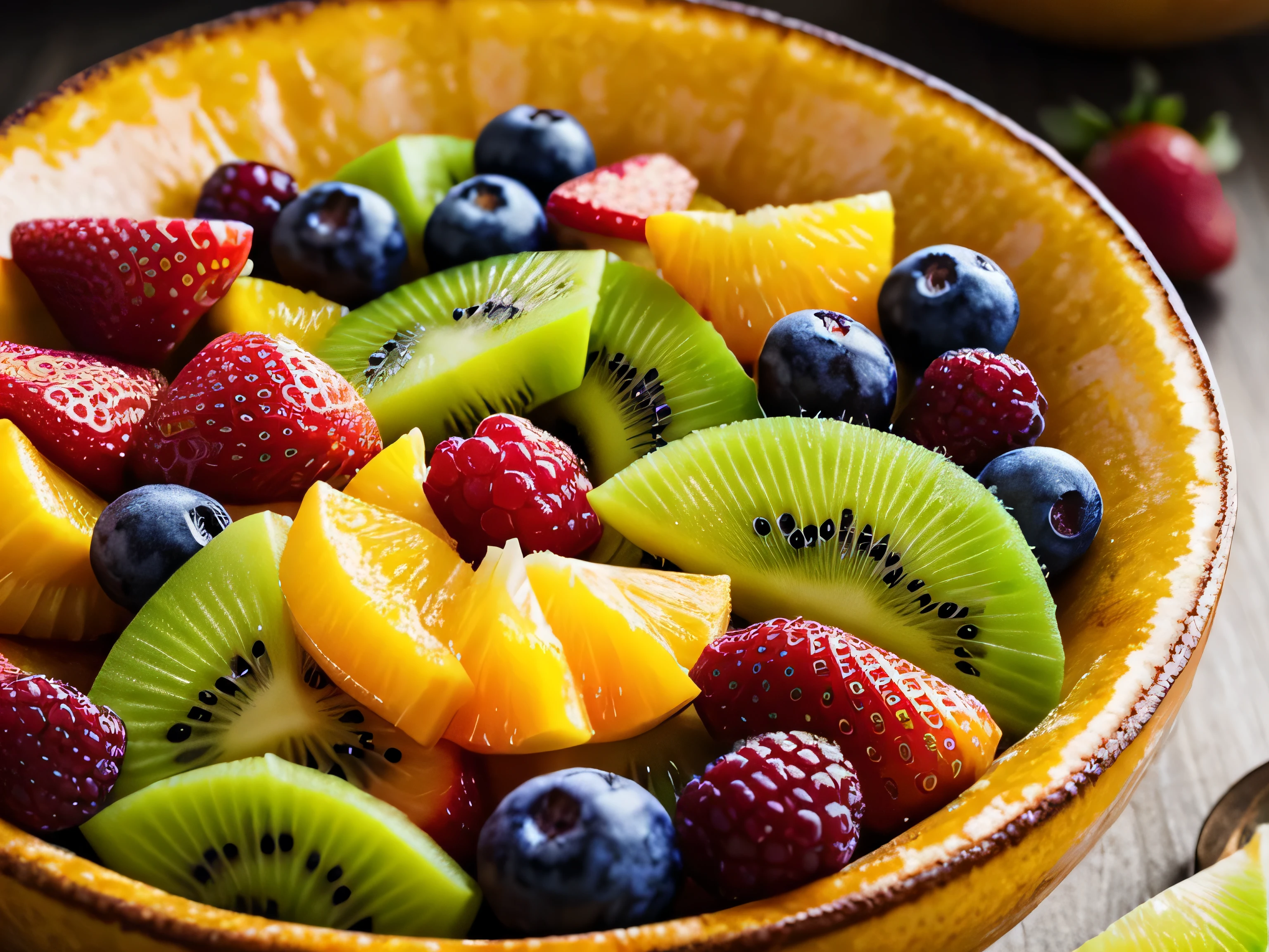 (best quality,Altas,ultra-detalhado:1.2),salada de frutas vibrante,Quivi,morango,laranja,uva,juicy Quivi slices and fresh morango chunks, zesty laranja wedges and succulent uva clusters, delicious and mouth-watering fruits, repletas de cores vibrantes, uma tentadora mistura de sabores picantes e doces, artisticamente organizado em uma tigela de vidro, criando um delicioso banquete visual para os olhos, with each fruit piece meticulously portrayed in ultra-detalhado, Realistic perfection, capturando as texturas suculentas e o frescor brilhante das frutas, vibrant colors radiate a feeling of energy and vitality, banhado por uma luz natural suave e quente, criando uma mistura harmoniosa de cores e sombras, uma obra-prima de salada de frutas, evoking a feeling of summer and joy.