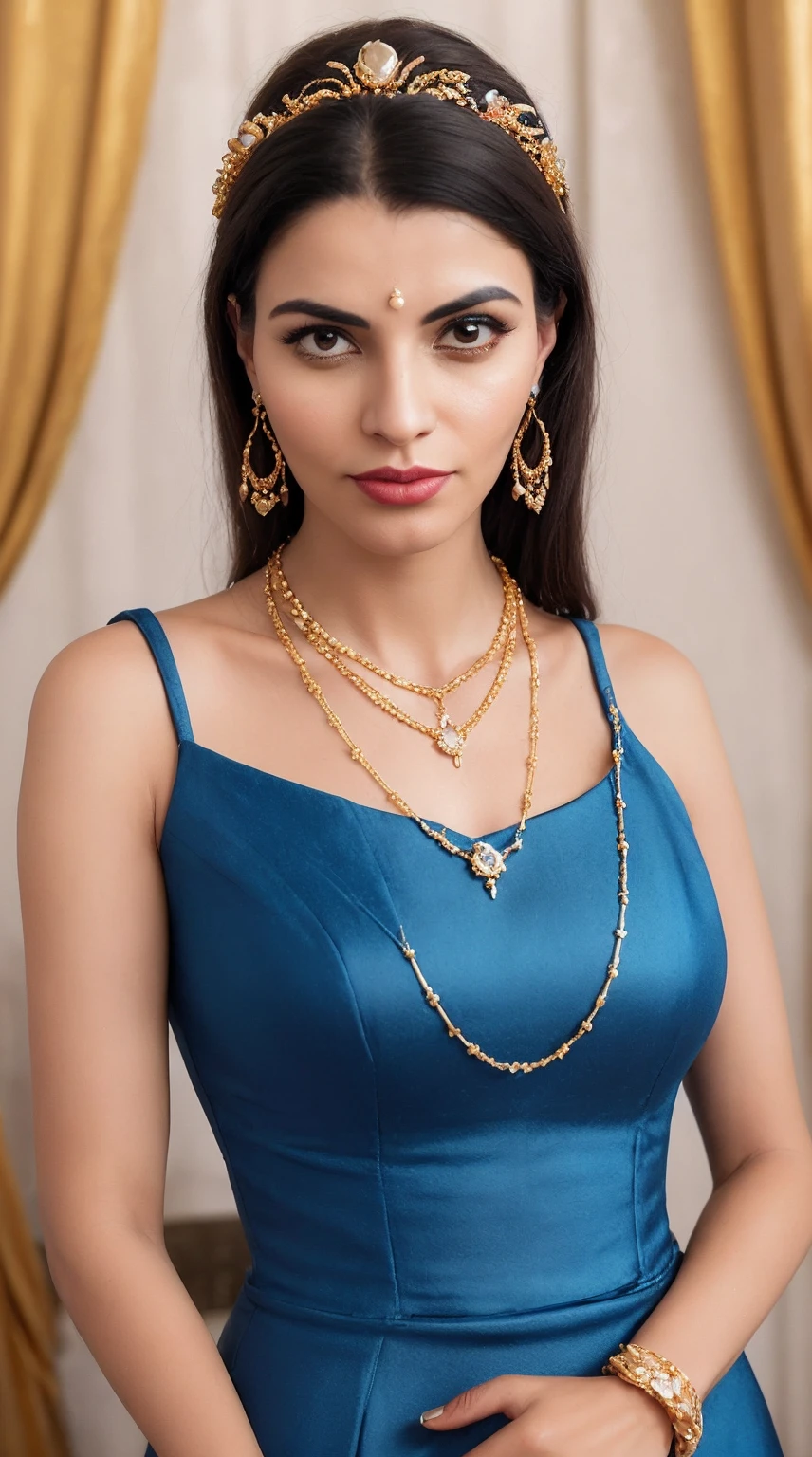 arafed woman in a blue dress with a gold necklace and a diamond necklace, wearing several pendants, opulent pearl necklace, wearing elegant jewellery, wearing a gold chain, gold jewerly, delicate detailing golden stroke, gold and pearl necklaces, gold necklace, small necklace, accentuated feminine features, high delicate defined details, photoshoot for skincare brand