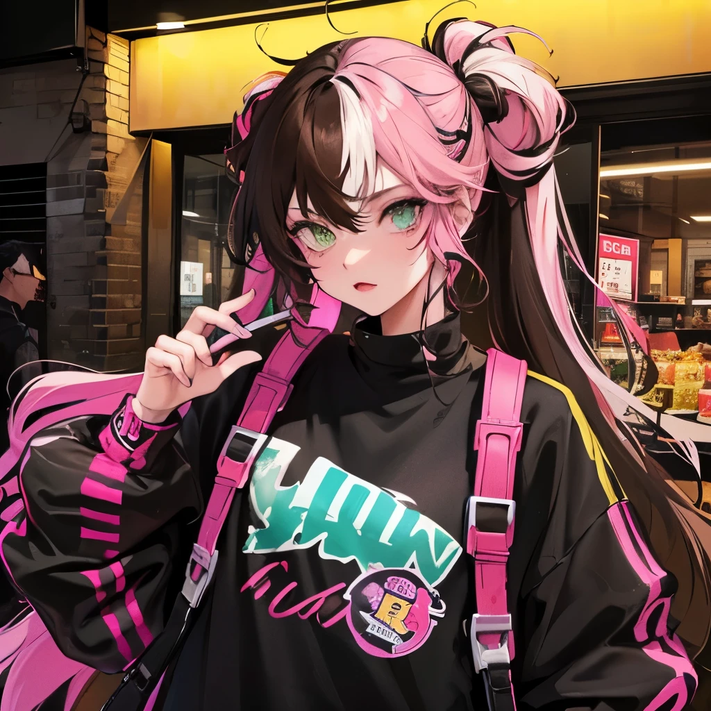 Girl, , woman, tall, light skin, green eyes, dark brown hair, rainbow hair, punk, emo, streetwear, city, night time, lollipop, beight colours, neon colours, rainbow hair, wavy hair, curly updo, pink, yellow, red