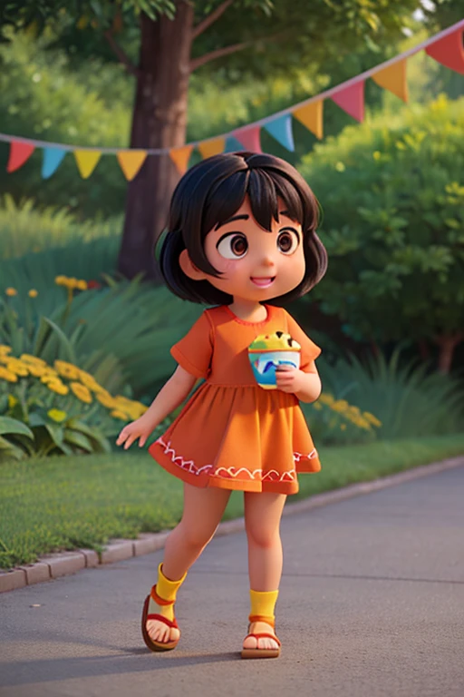 Generate a Pixar-style picture of chubby (1) one year old girl, short straight black hair, brown eyes, nothing on hair, combed to the side, knee-right red dress with yellow flowers, with brown flip flops, short red socks, happy and smelling, crouching down, the girl is bending down passing some white eggs delicately from one basket to another basket. cinematic lightning.