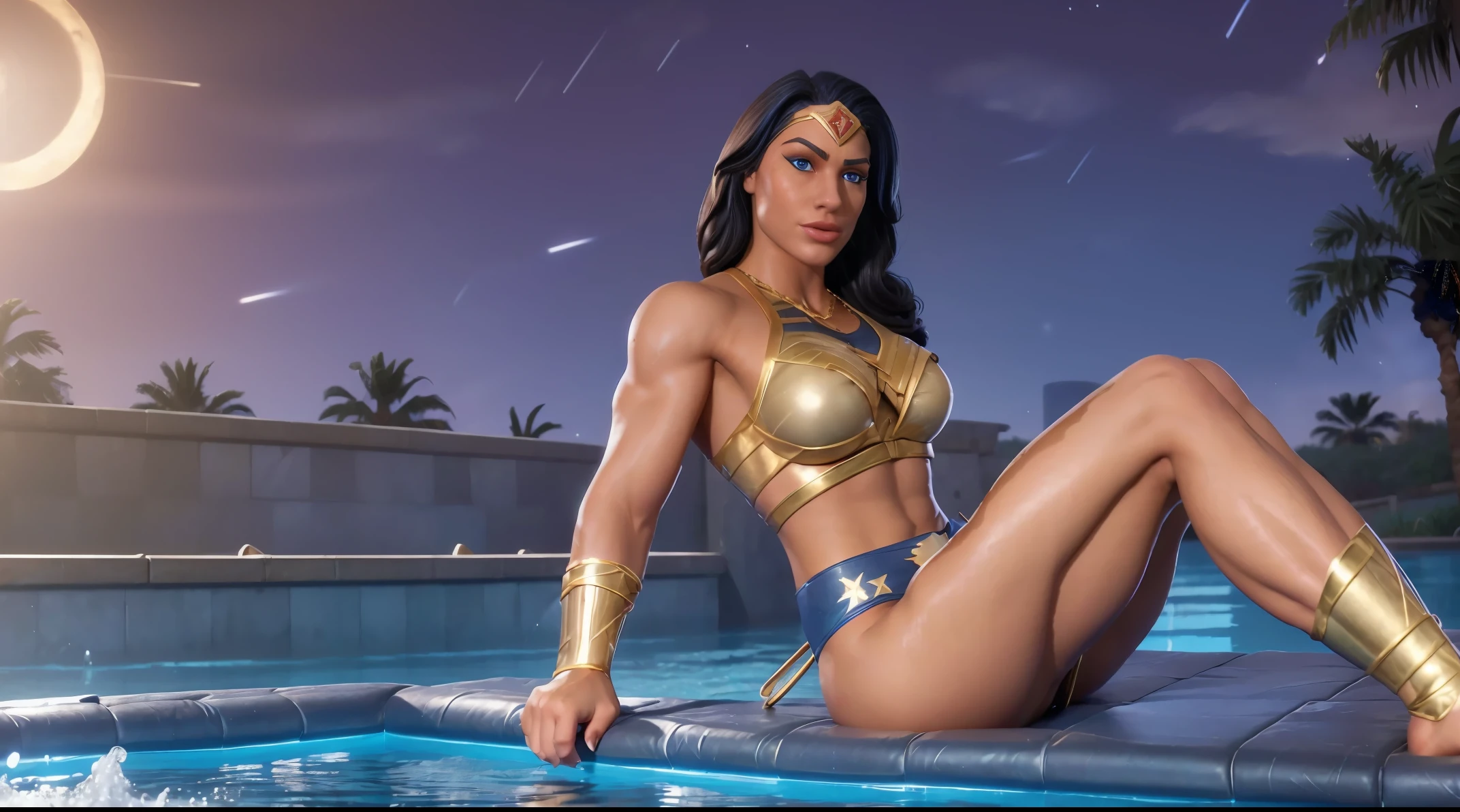 Sexy beautiful Wonder Woman (new 52). braces gold , (blue eyes :1.4 ), (masterpiece :1.2 ) ,shimmering skin, Cartooncore, Mangacore, natural lighting, Defined full lips. fitness female body full body, ((bodybuilder:1.4)) ,(big boobs :1.2) (Night :1.4) , (( sitting pose muscle on the pool enjoying the night :1.2)) , sexy for viewer .