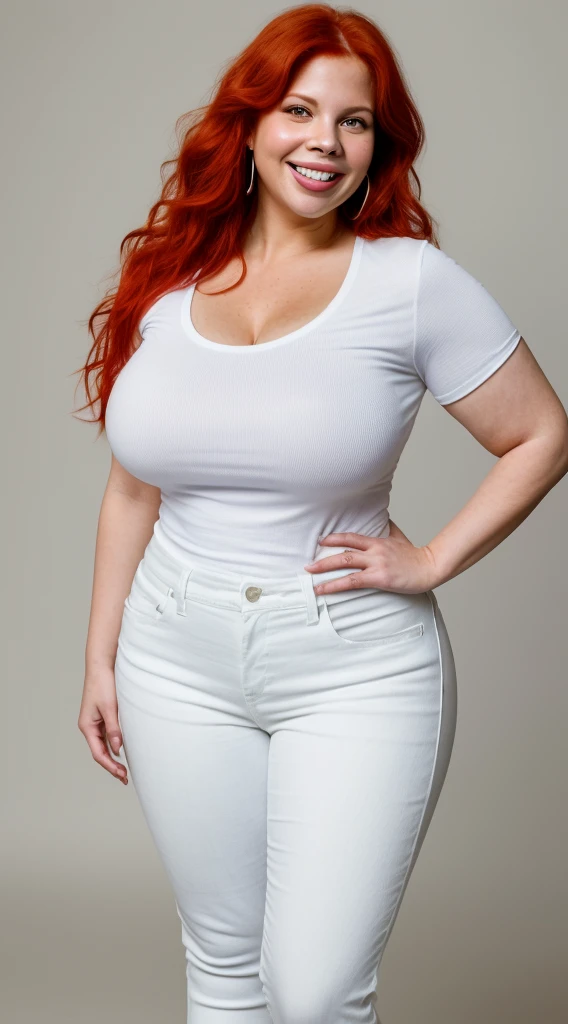 a woman with red hair and smiling, 30 years old, voluptuous figure, wearing a white tshirt and jeans with sneakers, curvy, amber tamblyn-lainie kazan merged, entire body visible, full body, hyperrealistic, best quality, 8K, real human skin, masterpiece, extremely intricate, medium closeup, detailed eyes, detailed face, detailed body, exaggerated features, pronounced features