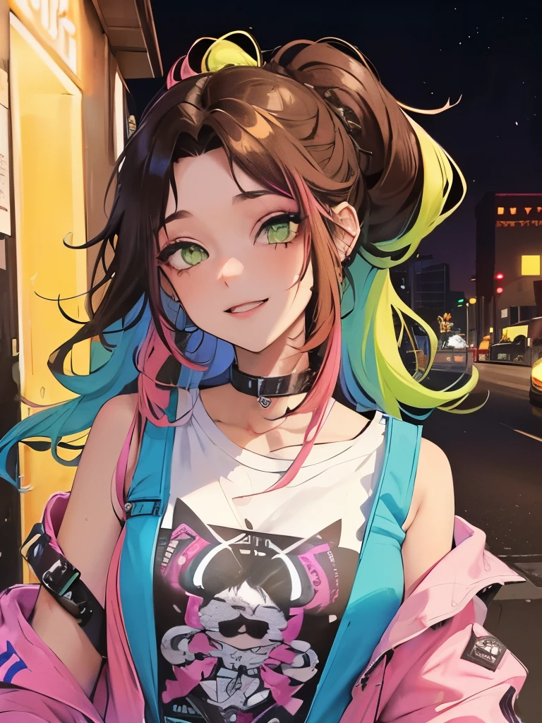 Girl, , woman, tall, light skin, green eyes, dark brown hair, rainbow hair, punk, emo, streetwear, city, night time, lollipop, beight colours, neon colours, rainbow hair, wavy hair, curly updo, pink, yellow, red, casual, lounging, grinning, sexy, curvy, flirty