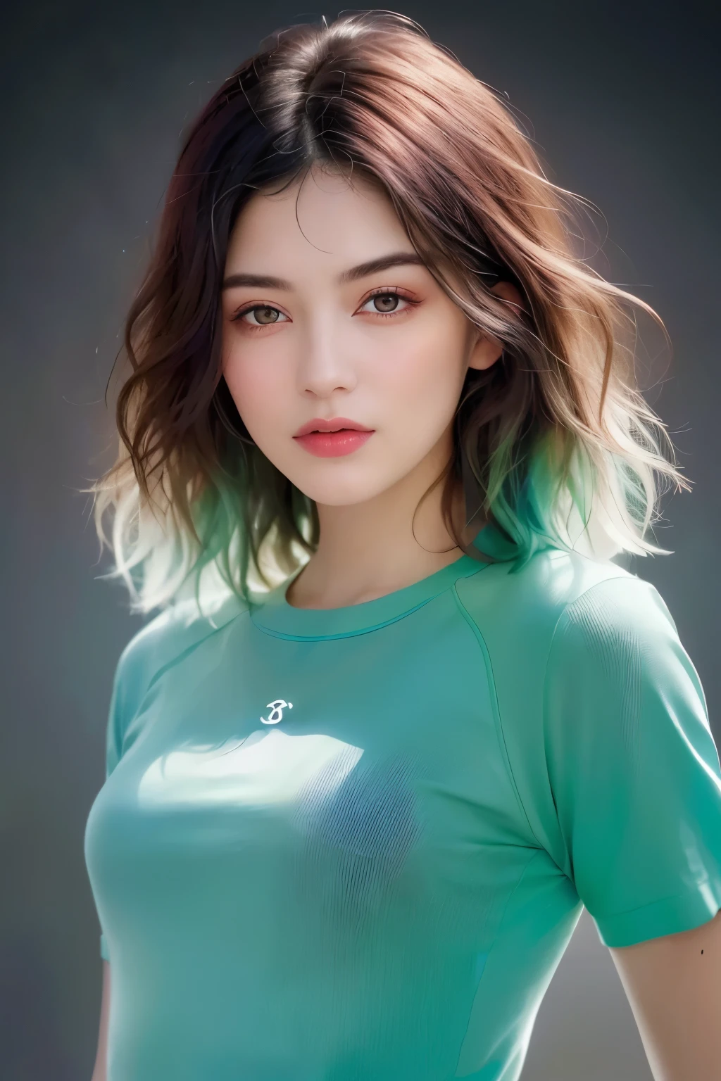 bunt gekleidet von Chanel (fotorealistisch:1.4), (hyperrealistisch:1.4), (realistisch:1.3), curly hair is green , blue hair (more uniform illumination: 1,05), (Improvement of cinematic lighting quality:0,9), 32K, 1girl, 20yo girl, realistische beleuchtung, hintergrundbeleuchtung, licht auf gesicht, raytrace, (aufhellendes licht: 1.2), (Increase quality: 1.4), (Best Quality Real Texture Skin: 1,4), fein detaillierte augen, fein detailliertes gesicht, Fine quality eyes, (tired and sleepy and satisfied:0,0), Nahaufnahme des Gesichts, T-Shirts, (Increase the mood of the body line: 1,1), (Increase the beauty of skin texture: 1,1)