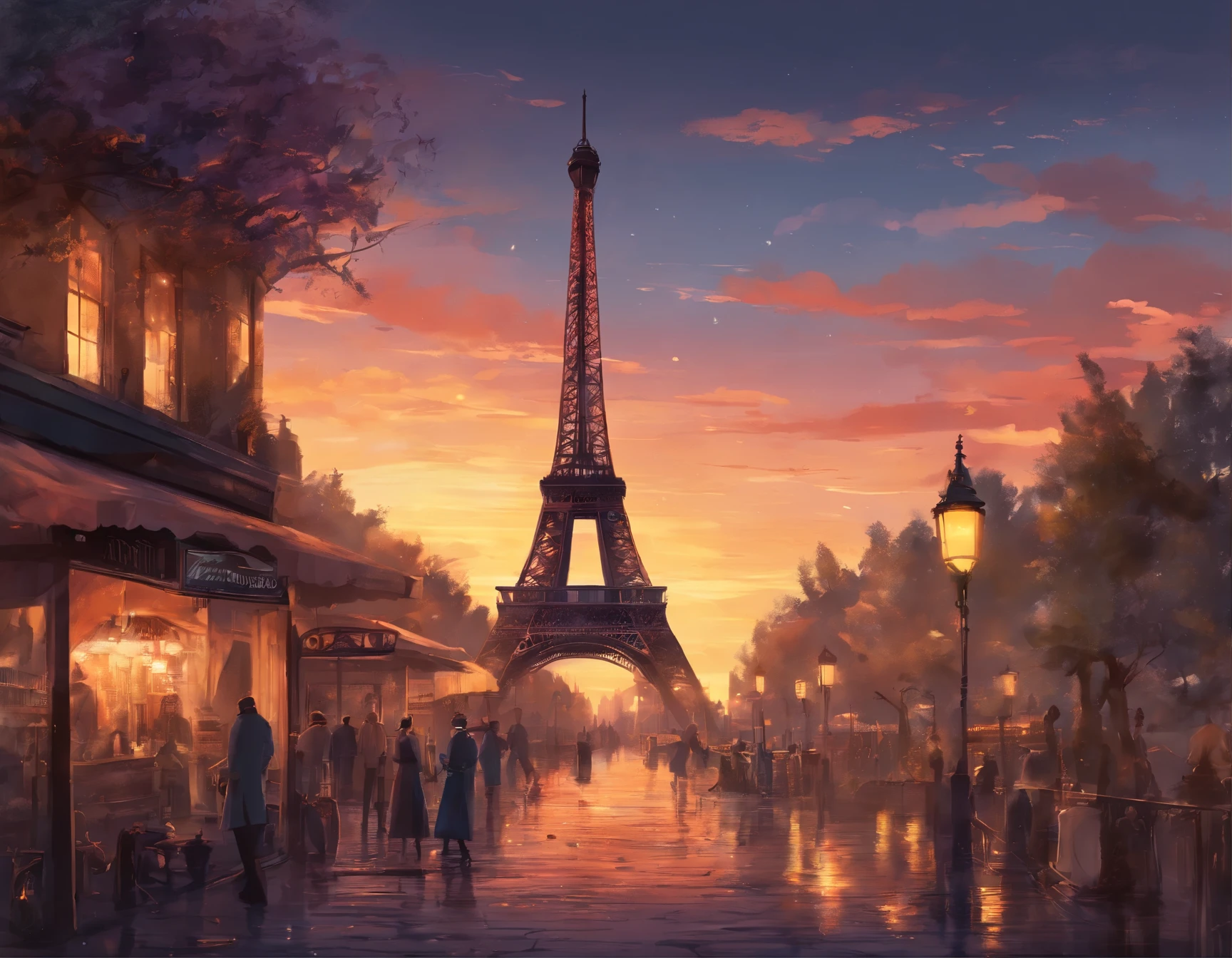 best scenery,Eiffel Tower,Tourist attraction scenery, 1940s, sunset with lit gas lamps