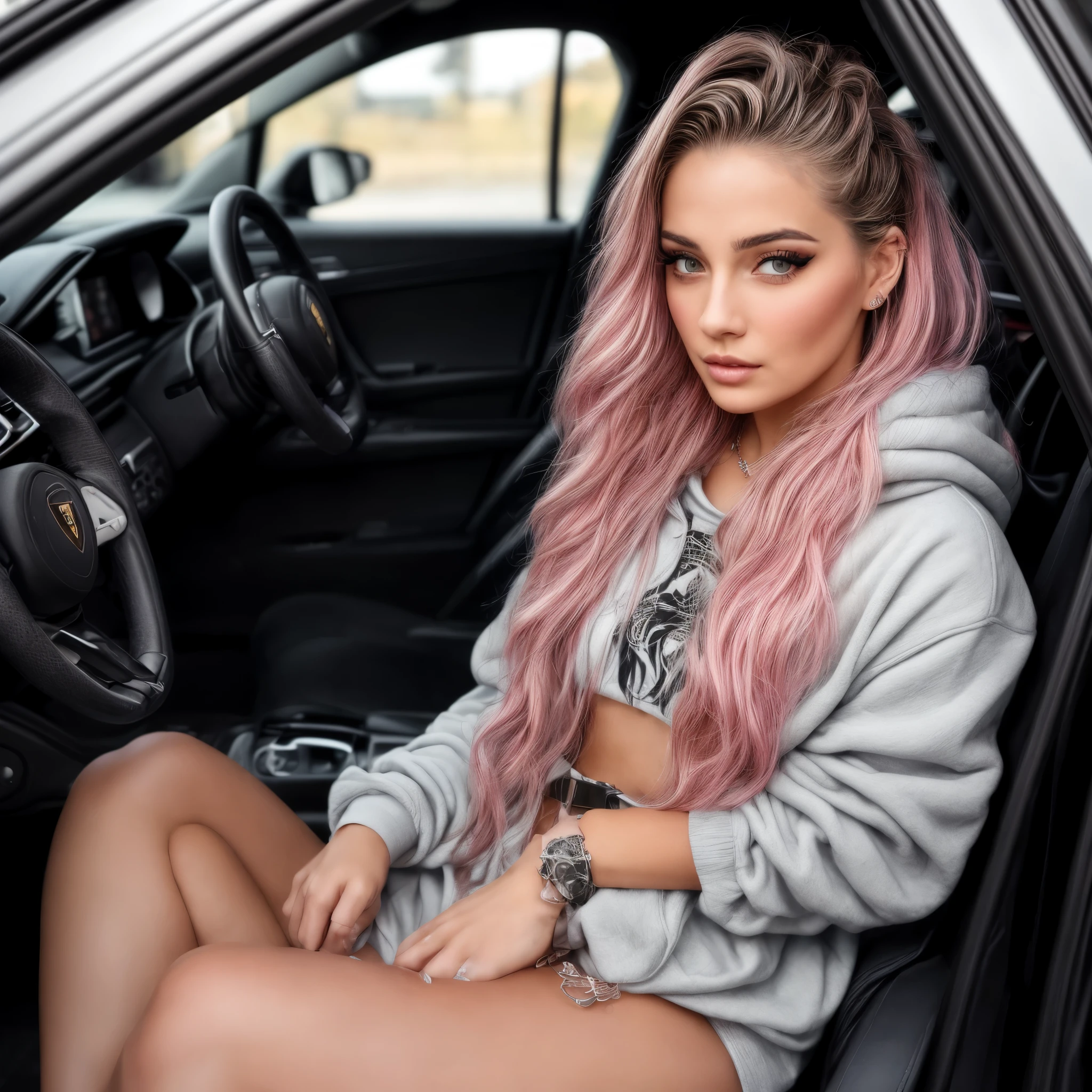 RAW photo, a 22-year-old- Girl, upper body, selfie in a Lamborghini, zebra print hoodie, (realistic) , (photo-realistic:1.5) , inside a car, driving, Whaling ship Tattoo, Belts, (Braided half-up half-down hair) , Pink hair, Smartwatch, (RAW photo, 8k uhd, film grain) , Sharp Eyeliner, Blush Eyeshadow With Thick Eyelashes, extremely delicate and beautiful, 8k, soft lighting, high quality, highres, sharp focus, extremely detailed, during the day, (sunlight on face) , beautiful detailed eyes, extremely detailed eyes and face, masterpiece, cinematic lighting, (high detailed skin:1.2) , 8k uhd, dslr, soft lighting, high quality, film grain, Fujifilm XT3,