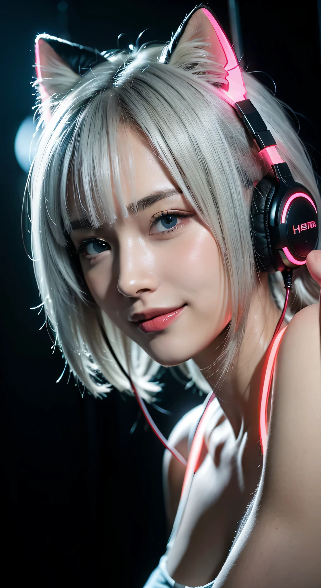 Silver hair, multicolored eyes, headphones, Seductive smile, Modern, Op art, vignetted, Red fluorescent side light details，Ray tracing, Glowing light, Eye level shots, From the outside, foot out of frame, hyper HD, Textured skin, high details, 1080p, Best Quality