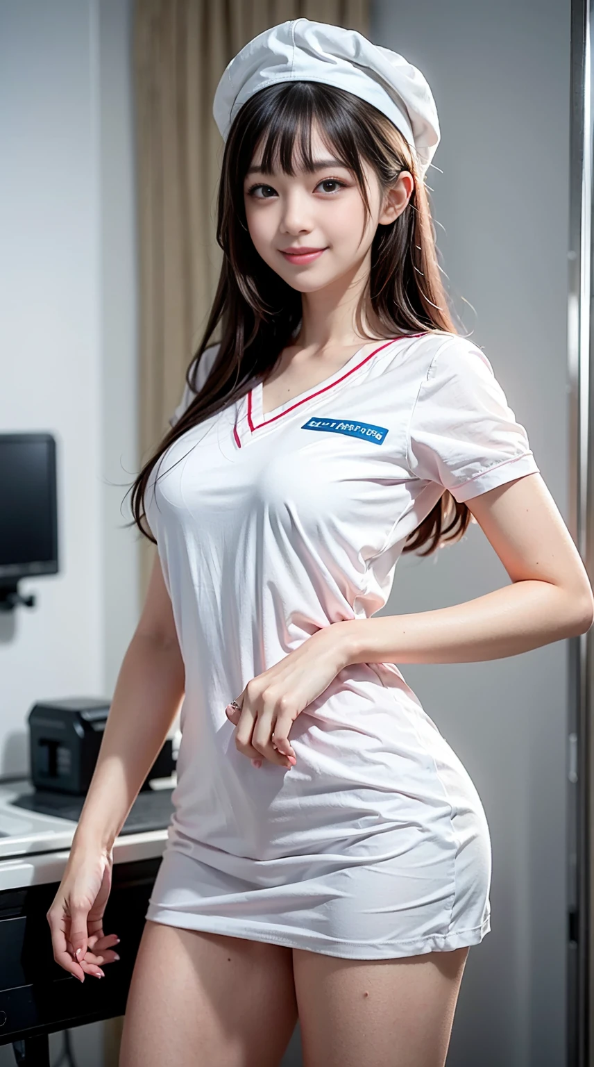 Slender Asian girl, kpop idol, ((nurse)), ((top quality, 8k, masterpiece: 1.3)), crisp focus: 1.2, beautiful woman with perfect figure: 1.4, highly detailed face and skin texture, detailed eyes, ((skinny)), beautiful face, symmetrical face, full-length, sexy