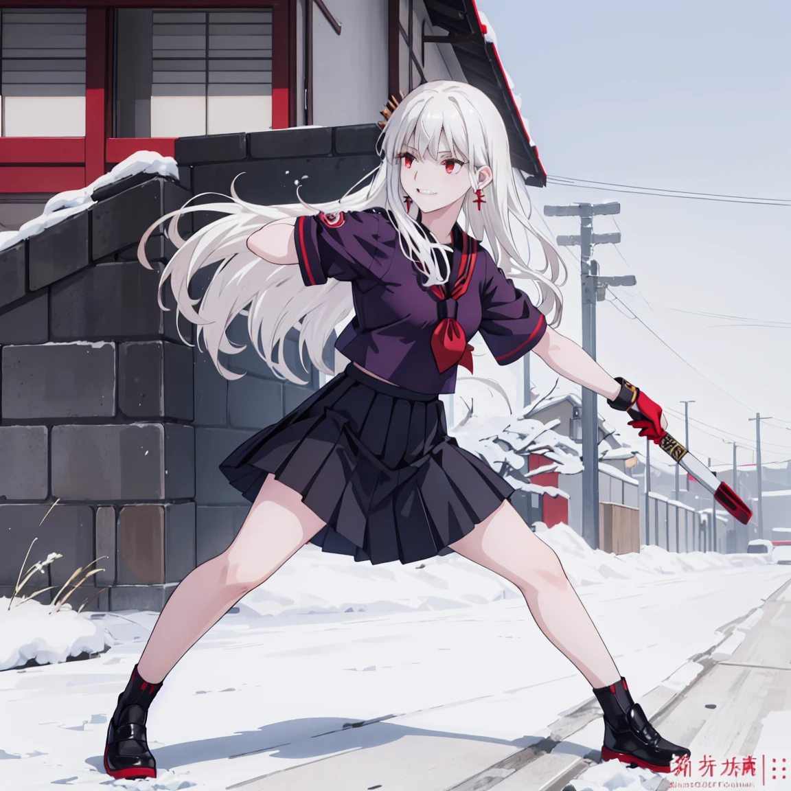 sukeban illyasviel_von_einzbern, mature_female, silver hair, holding yoyo, combat pose, full body, flowing hair, hair between the eyes, asymmetrical hair, red eyes, delicate facial features, sukeban deka clothe, looking_at_viewer, outdoors, background tokyo, ((solo, solo focus, solo girl,1girl))+++++,woman in a 80's sukeban seifuku standing on a set of strees, black school uniform, 80's japanese sukeban photo, sukeban seifuku, 80's japan, sukeban, long black skirt, red converse, full body, light skin tone female, full body, tape, arm_support, gloves, red_gloves, bridal gauntlets, blackred_footwear, fighter outfit, full body, hourglass, mature face, cheeky smile, cheeky face, wrinkles,( silver long hair, earrings, ear piercings), realistic, (fighting art, Martial arts, standing, fighting_stance, fight, fighting), extra colors, 2D, megapixel, perfectionism, accent lighting, full HD , 4K, masterpiece, empty red eyes