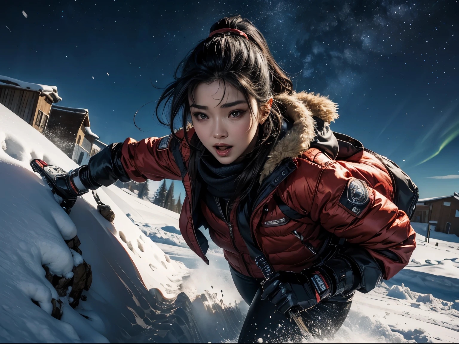 Photorealistic, book cover mockup, dramatic lighting, close-up of Li Bingbing on right hand side, goretex jacket, jumper, keffiyeh, black hair in ponytail, fierce expression, holding small handgun, snow drifts, snowing, blizzard, ruined town under a layer of deep snow, blood trail, night-time, aurora borealis