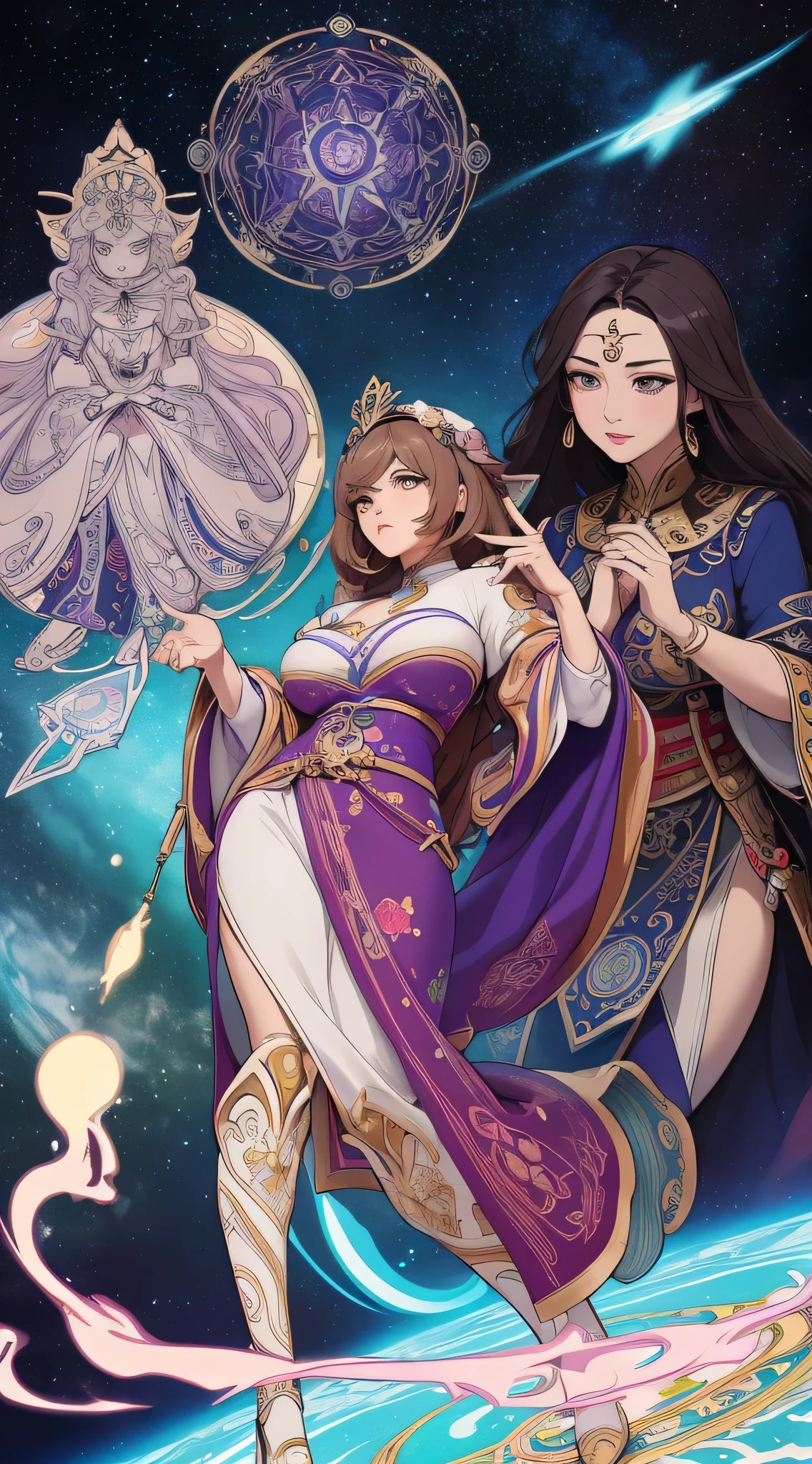 masterpiece, best quality, 4k, tarot card art, line art, clean line art, space-themed coloring mandala, colorful, and clean line art, adorned in Art Nouveau style, Genshin, 3 witches, , big breasts, dark hair, perfect intricate details, realistic, (detailed breastix fingers)