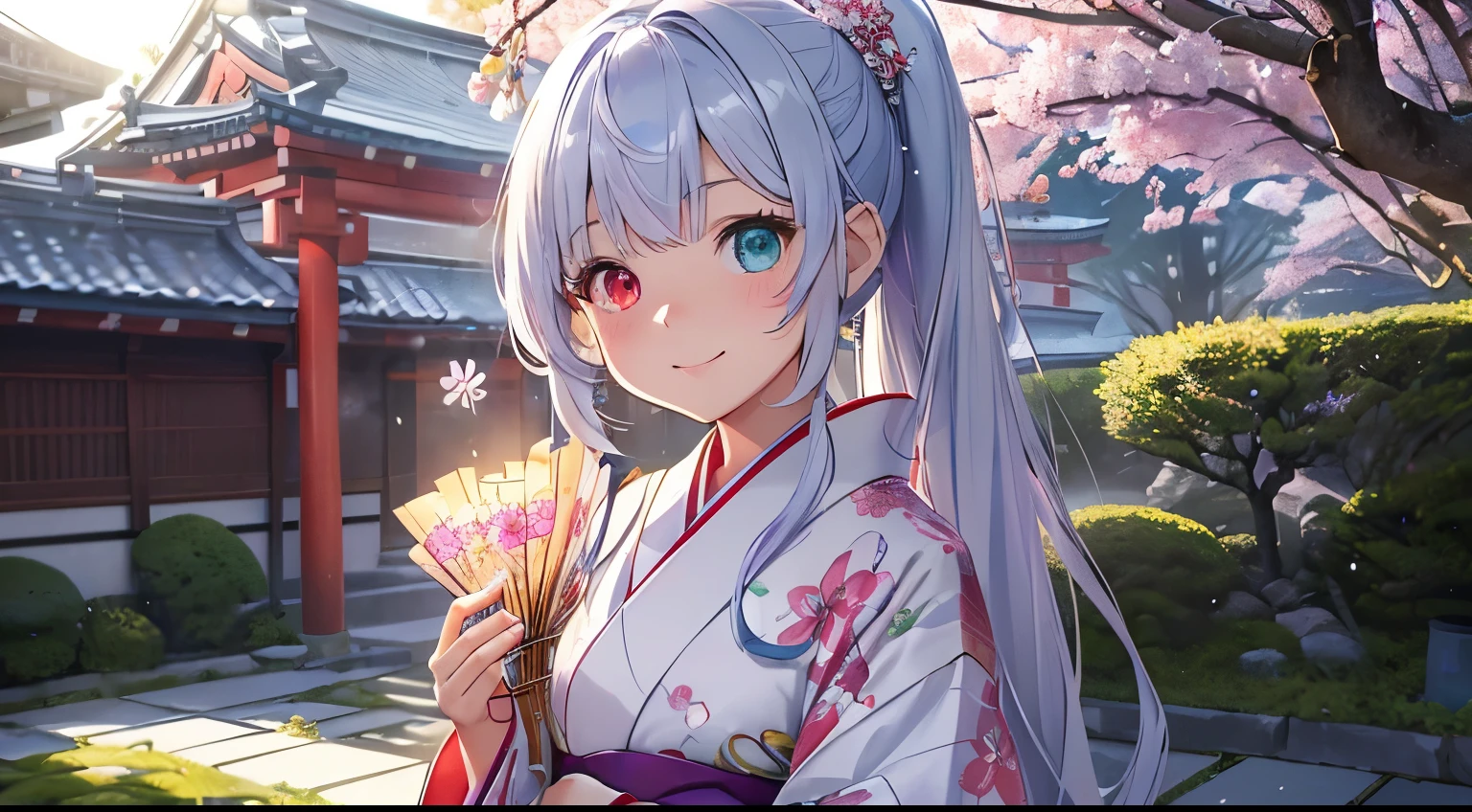 Highest quality、Photorealsitic、The ultra-detailliert、delicate、orderly、high détails、bluish-silver ponytail、(Drooping heterochromia iris:1.4)、Gamine、10yaers old、embarrassed from、a smile、A slender、fullllbody、blured background、(1 girl in:1.2)、GameCG、dynamic ungle、(Bioluminescent hair、radiant eyes:1.2)、ambient occlusion、ambient lights、ray trace reflection、Glow、glowing aura、Radiant hair、(Japanese new year、kimono,floral printed kimono,Red and white kimono、Japanese garden scenery、Plum Blossom、Winter sunshine、A girl smiling outdoors during the day:1.3)